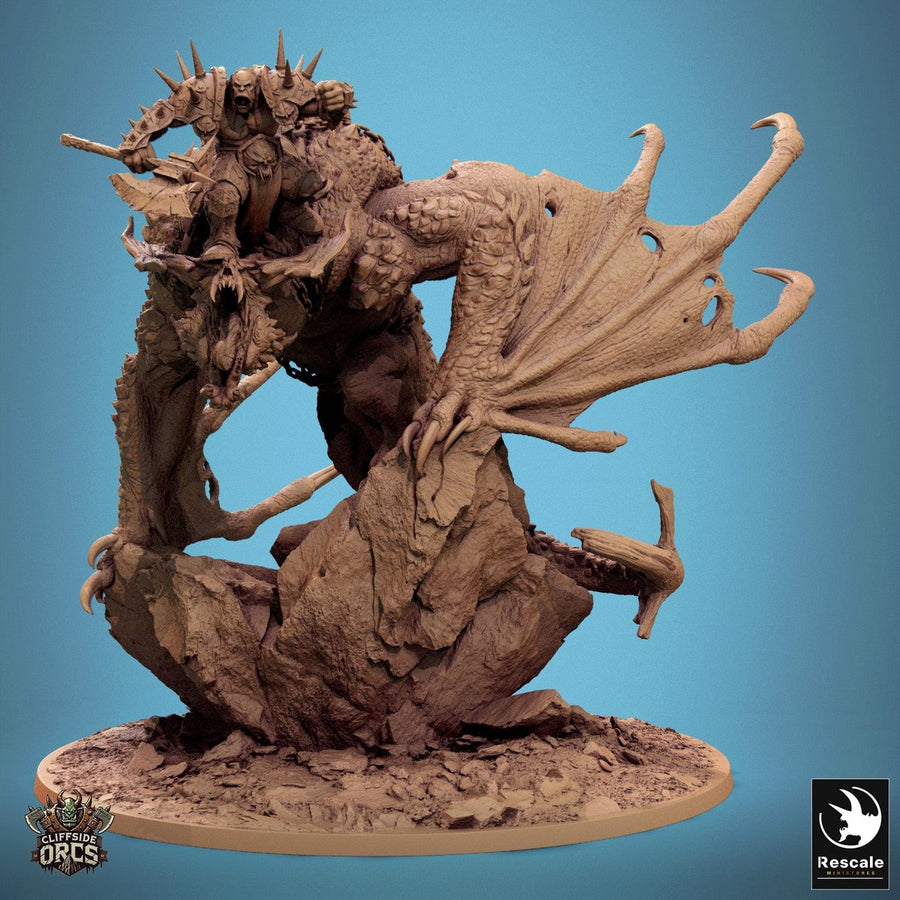 Resin 3D-printed wyvern with orc rider on a rocky base