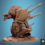 Side profile of a wyvern miniature perched on a rocky formation base, showing detailed wings and scales.
