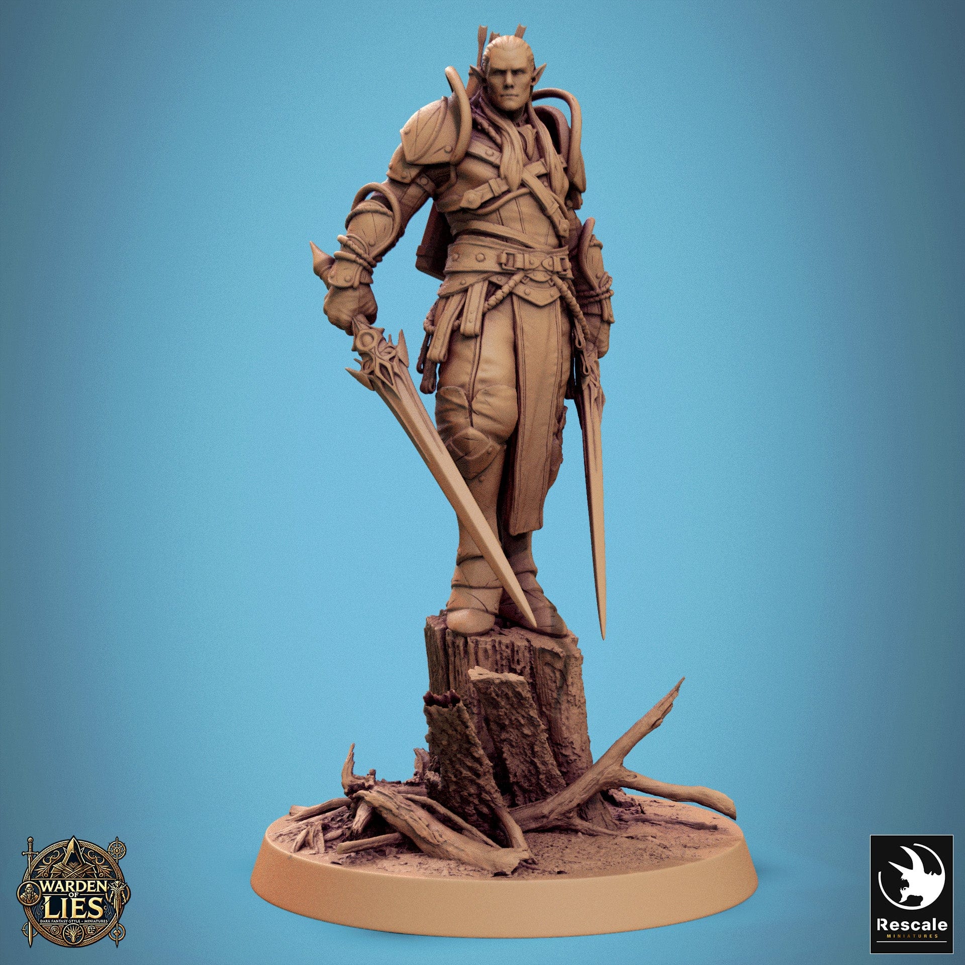 Tabletop RPG Miniature Moon Elf Sentinel 32mm Qumi Rescale Miniatures Double Sword Stand on Tree Quality Miniatures - Qumi Wargaming Mini Model Figure
