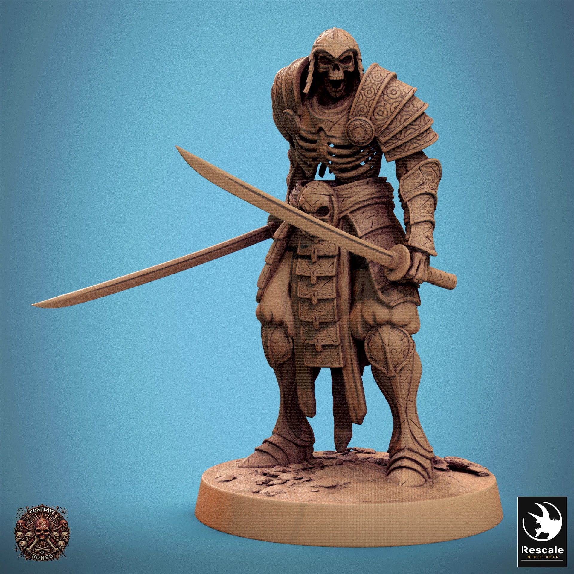 Tabletop RPG Miniature Oriental Skeletons - 32mm Qumi Rescale Miniatures Double Sword Taunt Quality Miniatures - Qumi Wargaming Mini Model Figure