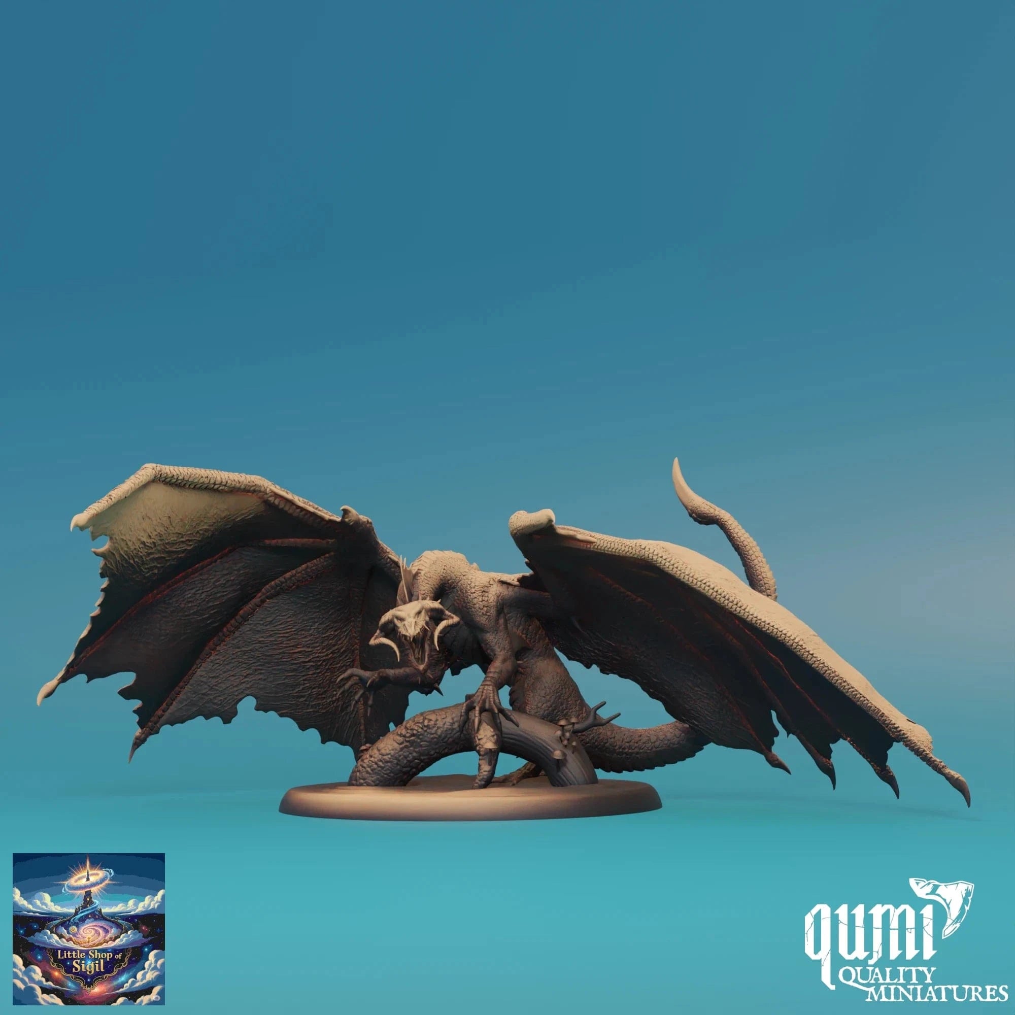 Dragon miniature figurine on a blue background with 'qumi Quality Miniatures' branding.