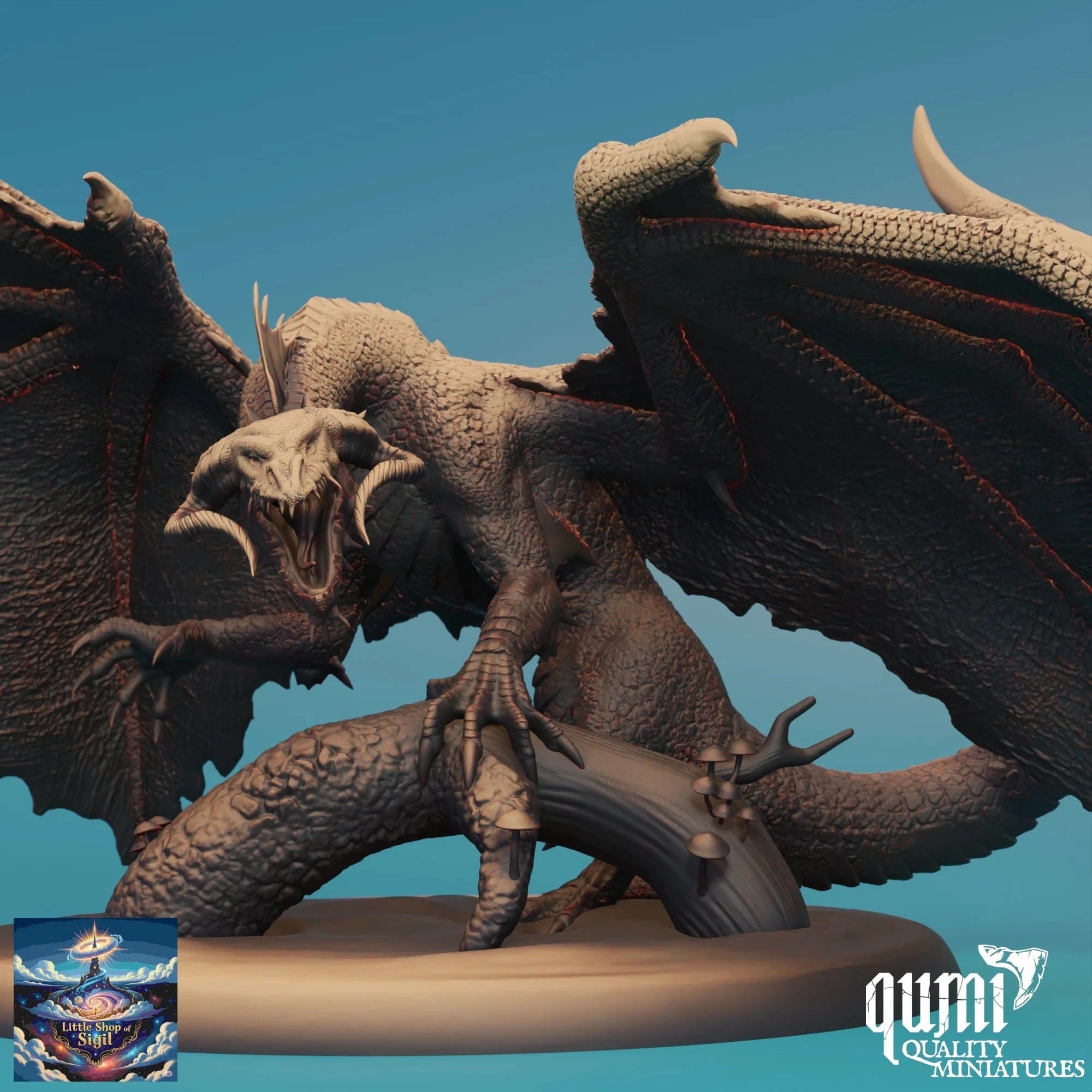 Dragon figurine with open wings on a blue background, featuring the Qumi Quality Miniatures logo.