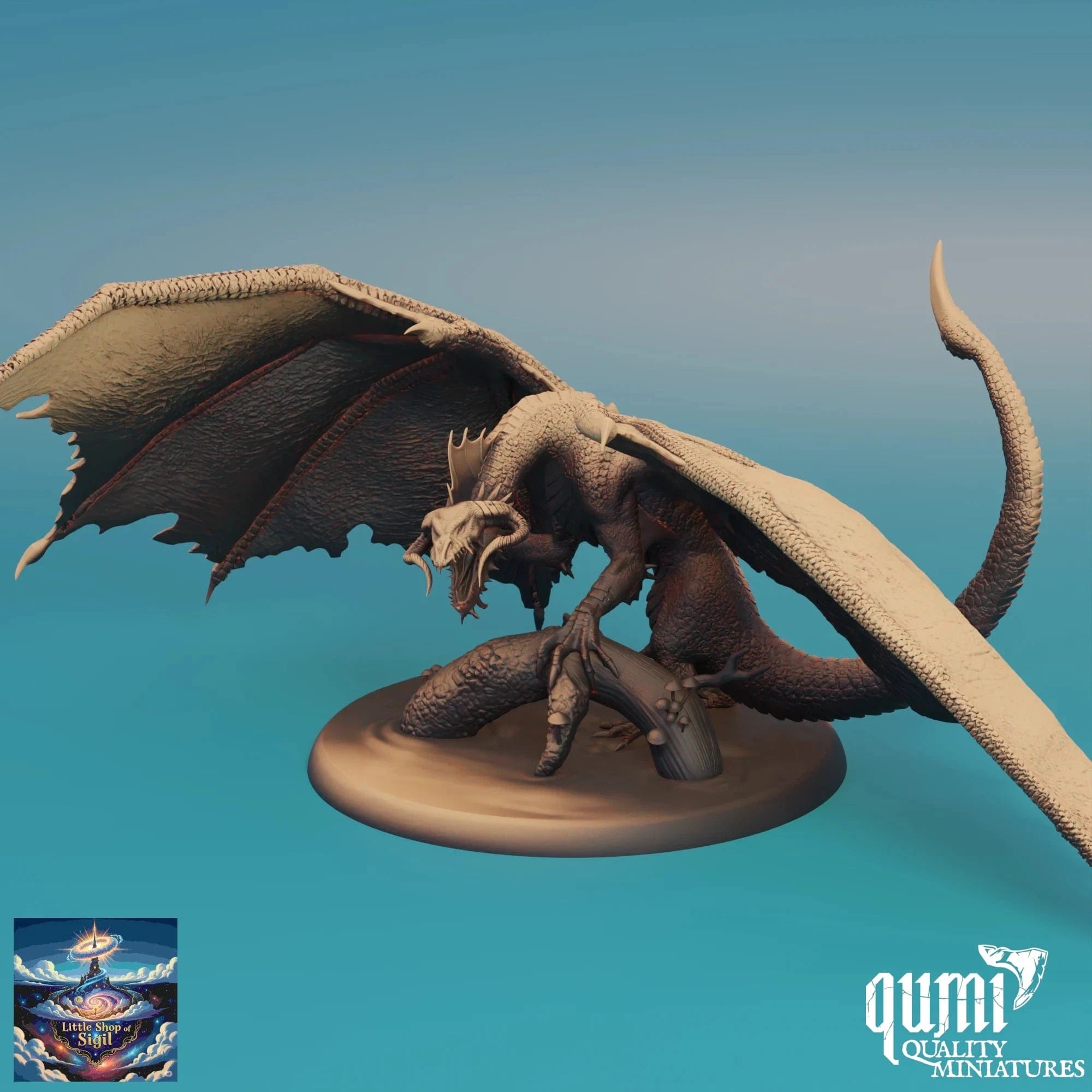 Dragon figurine on a blue gradient background with 'qumi Quality Miniatures' branding.