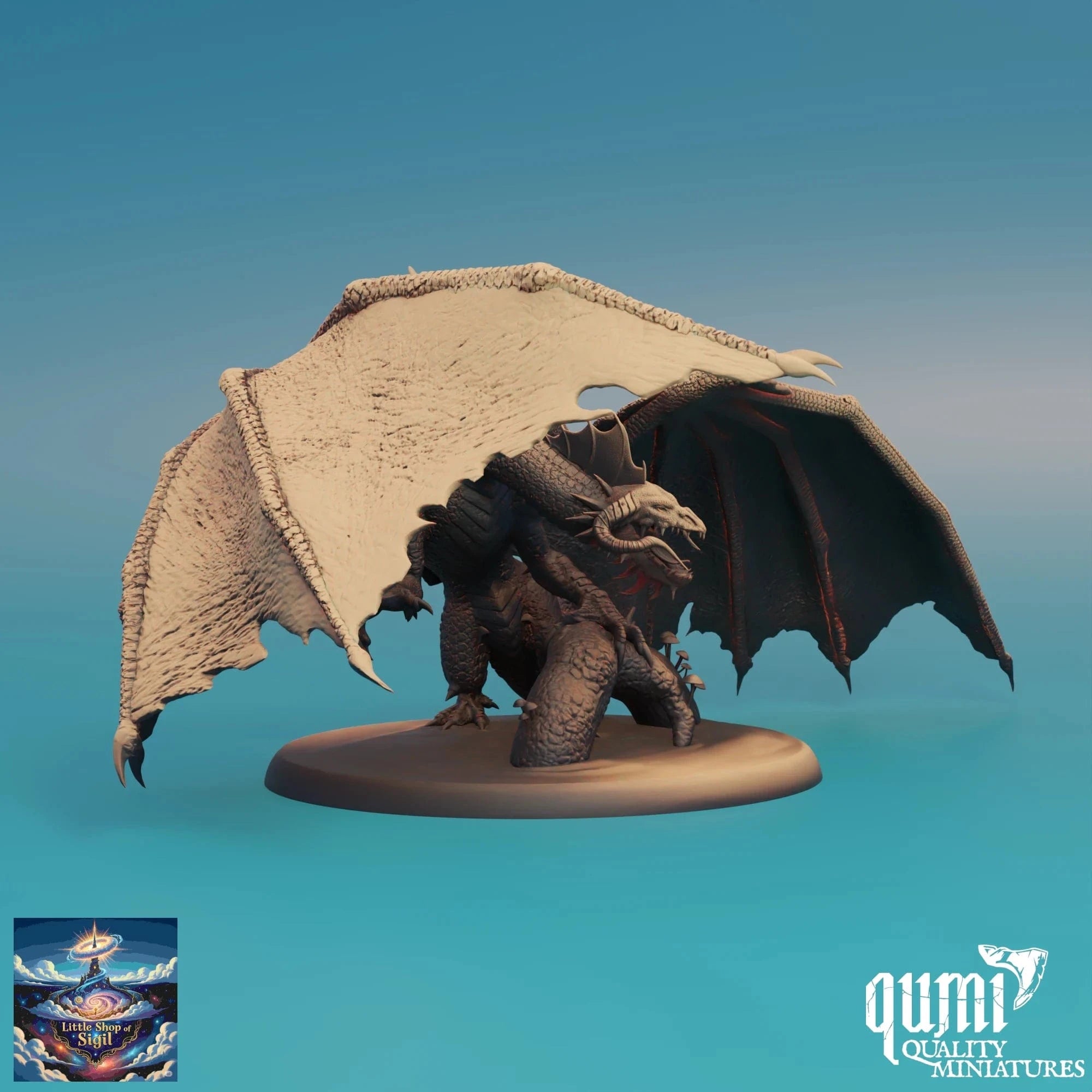 Dragon miniature figure with open wings on a gradient blue background, featuring the Qumi Quality Miniatures logo.