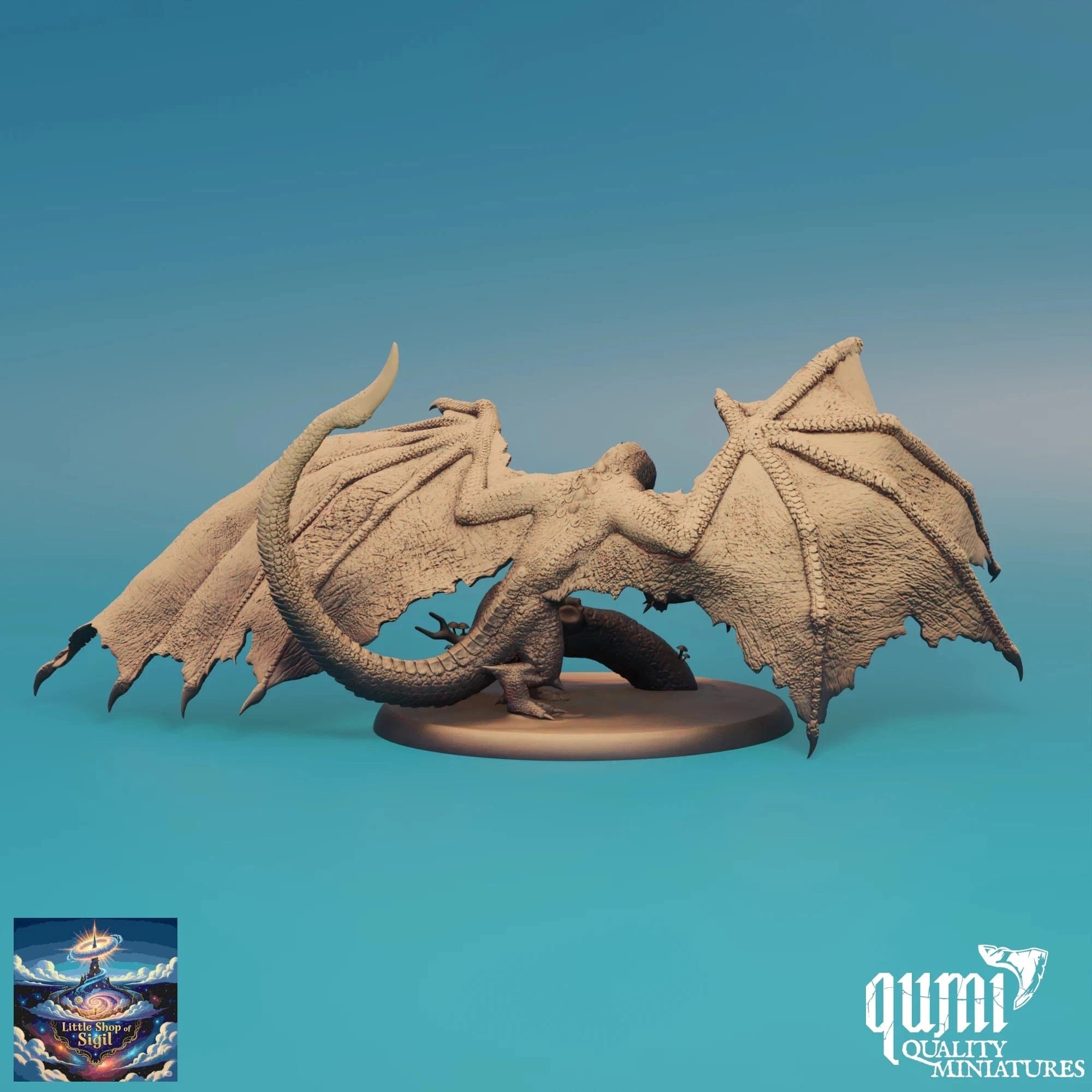 Dragon miniature figurine on a blue gradient background with 'qumi' branding.