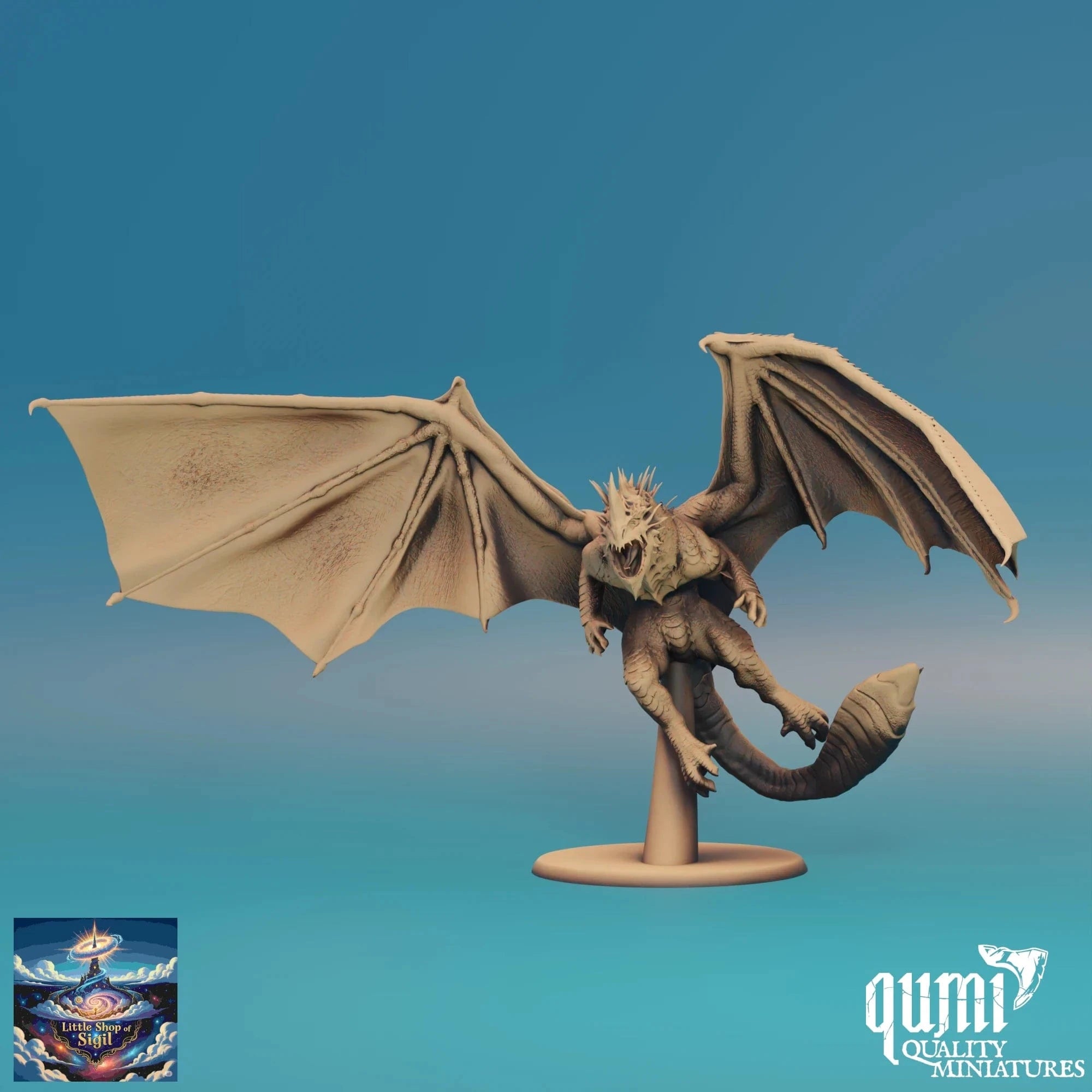 Dragon miniature figure on a stand with a blue gradient background, featuring the Qumi Quality Miniatures logo.