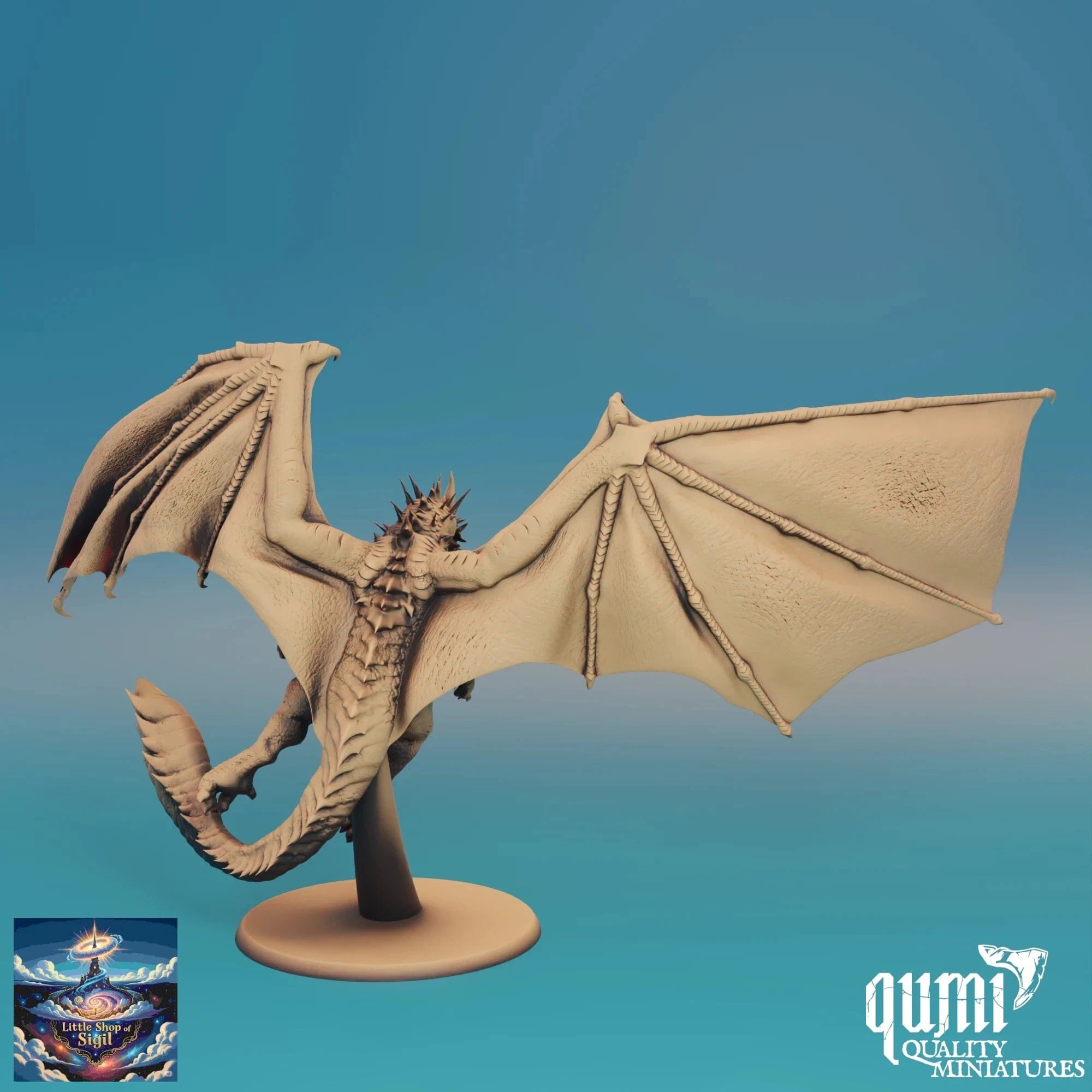 Dragon miniature figurine on a stand with a blue gradient background, featuring the Qumi brand.