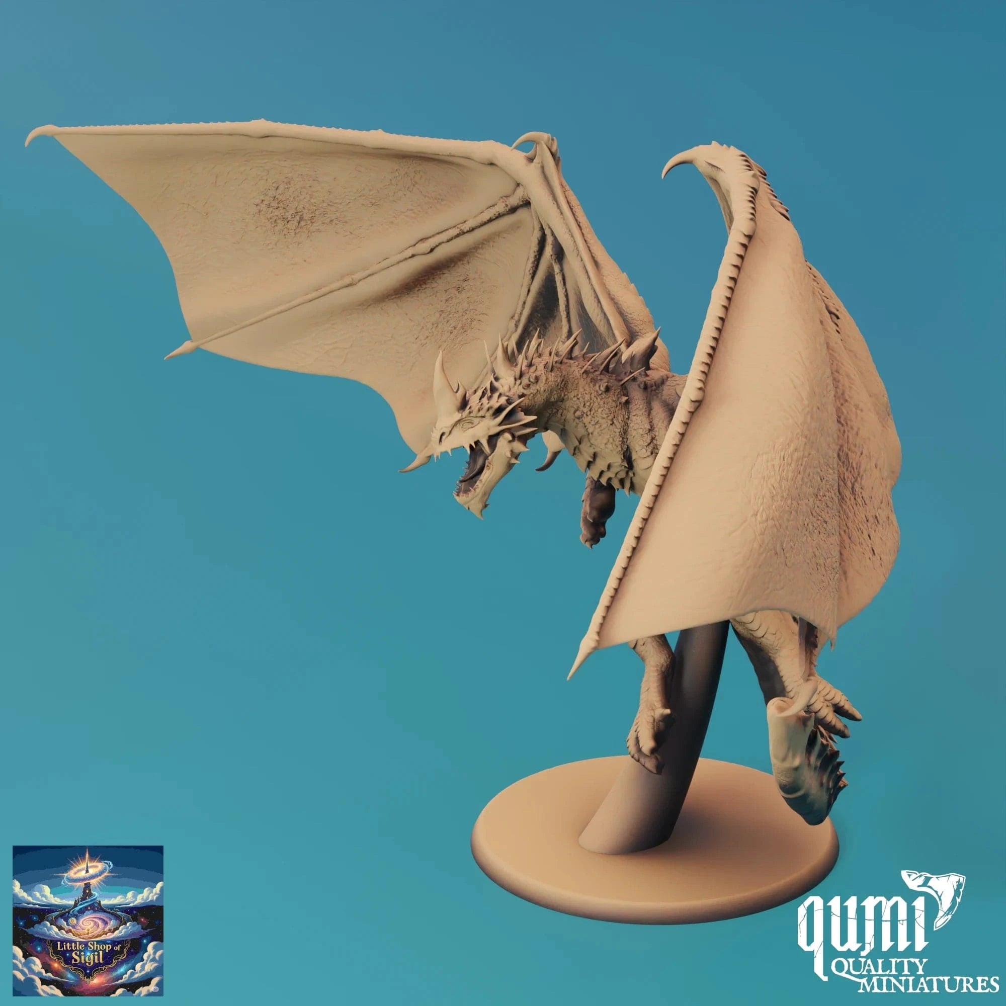 Dragon figurine with open wings on a blue background, featuring the Qumi Quality Miniatures logo.
