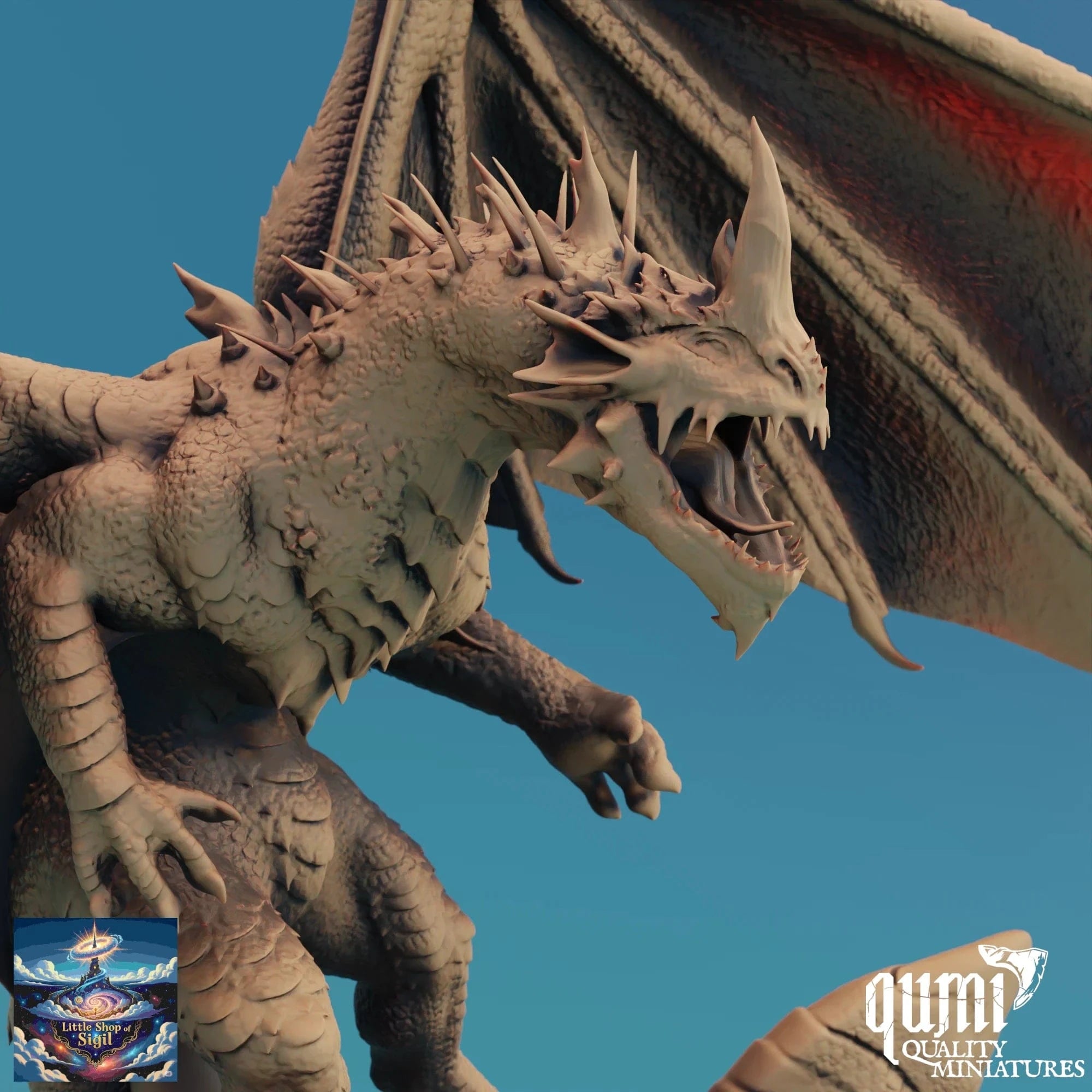 Dragon figurine with detailed scales and horns on a blue background, featuring the Qumi Quality Miniatures logo.