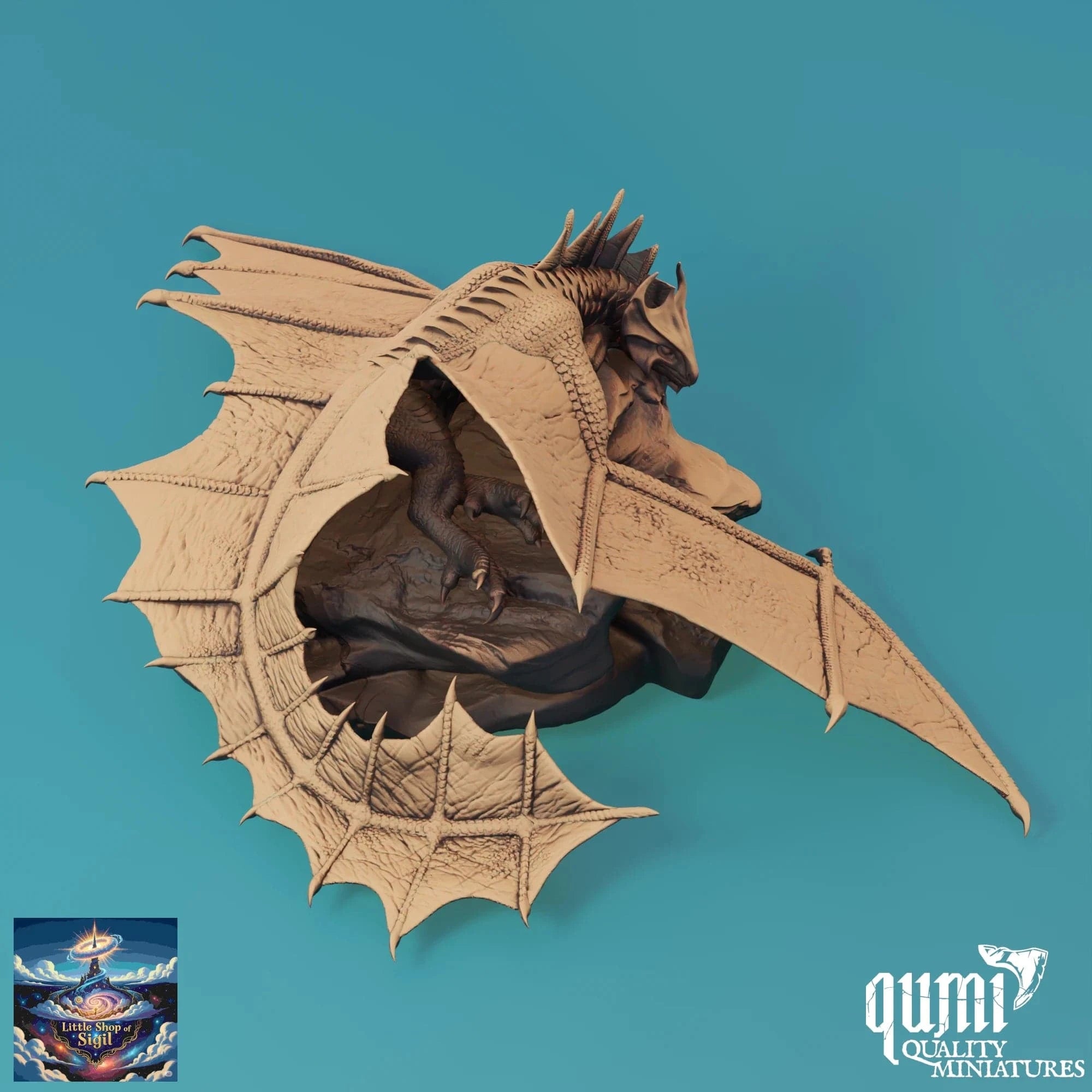 Dragon head sculpture on a blue background with 'qumi' branding.