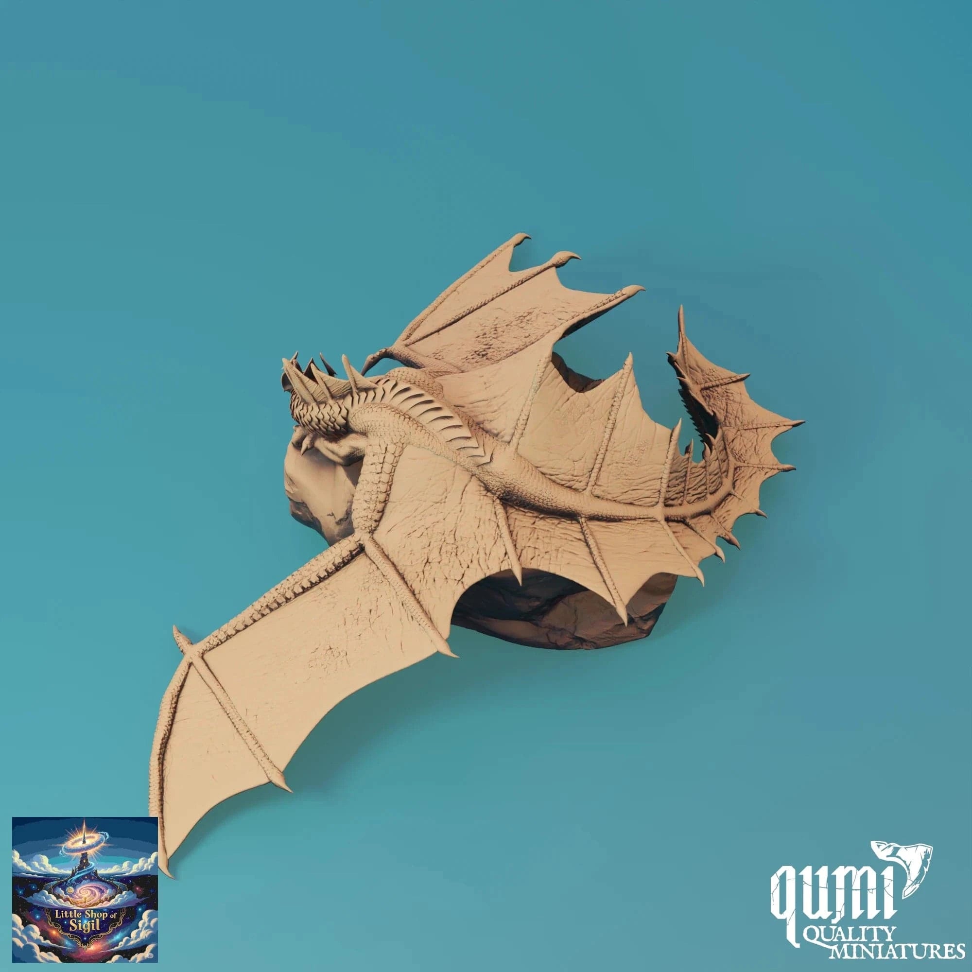 Dragon miniature sculpture on a teal background with 'qumi Quality Miniatures' branding.