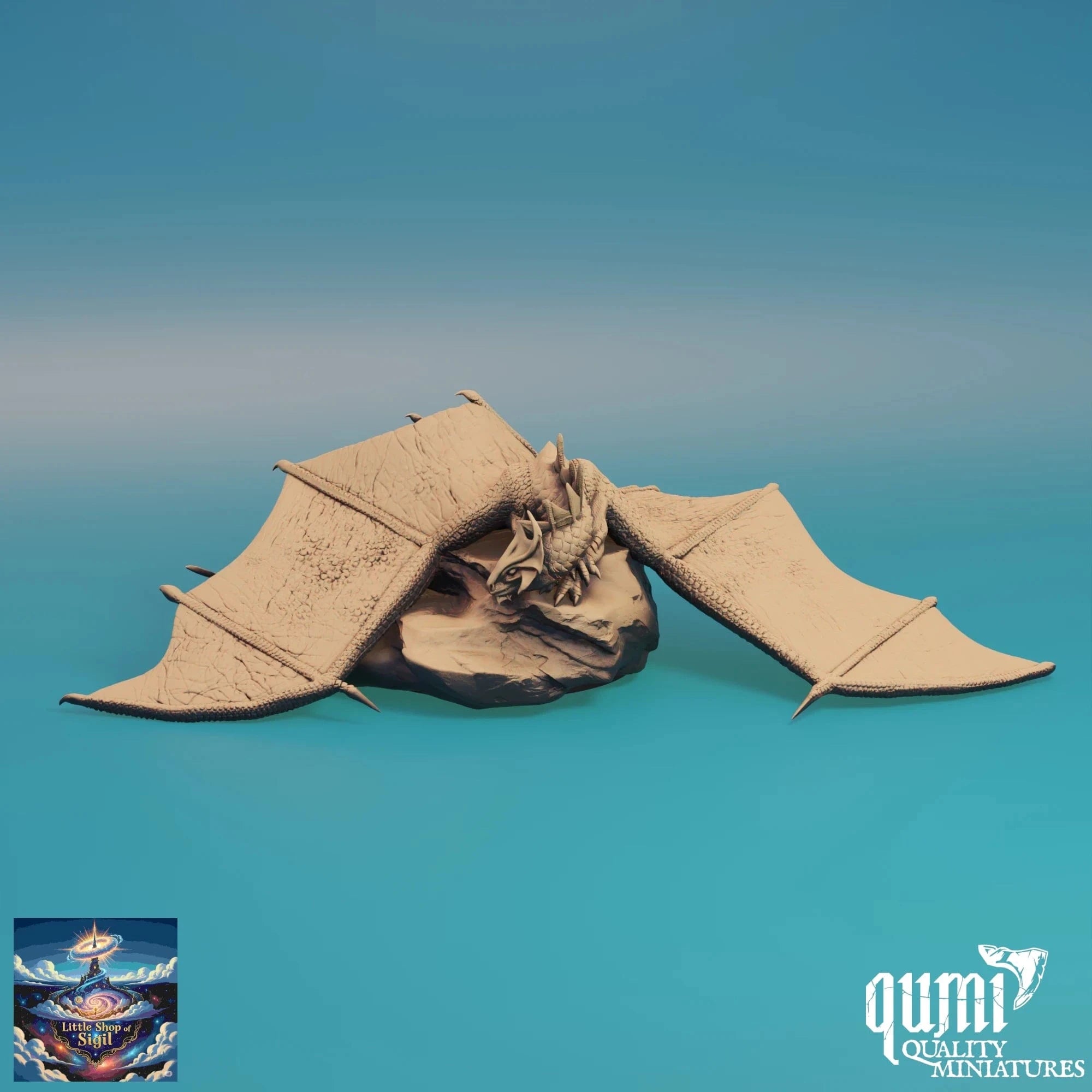 Model of a dragon with open wings on a gradient blue background, featuring the brand 'qumi'.