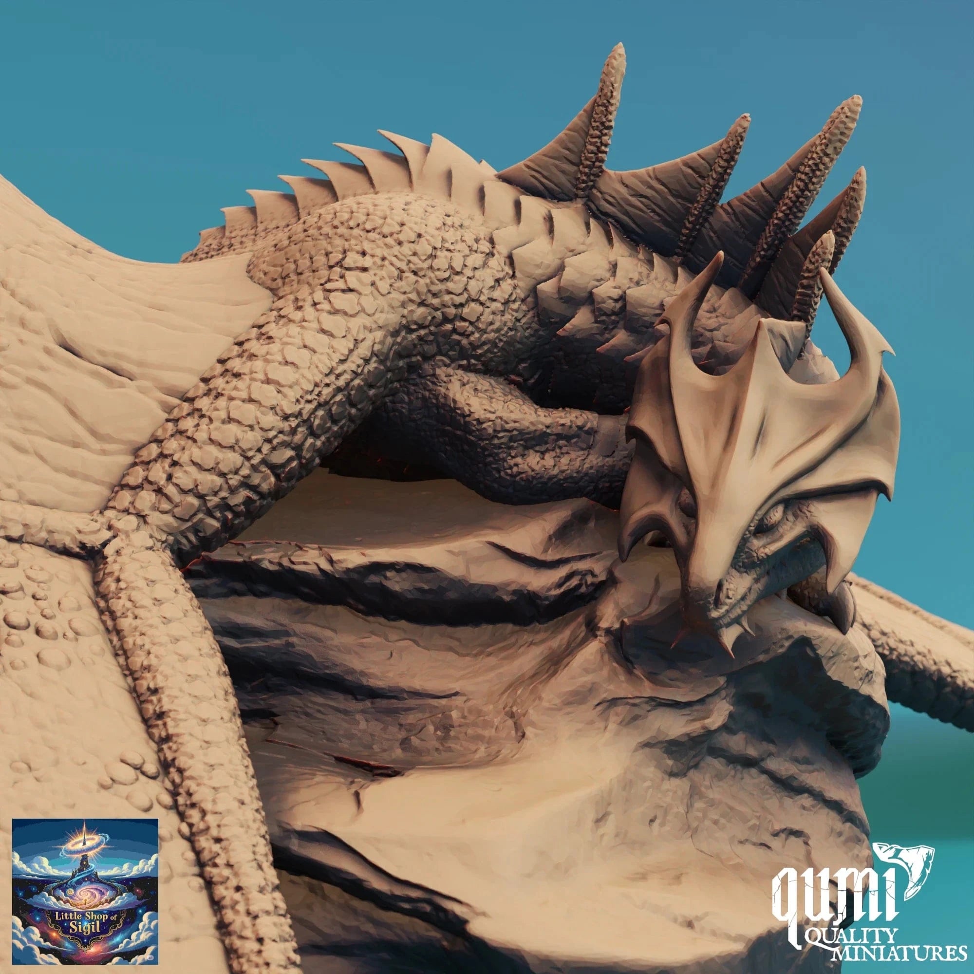 Close-up of a detailed dragon sculpture with 'Quin' branding in the corner.