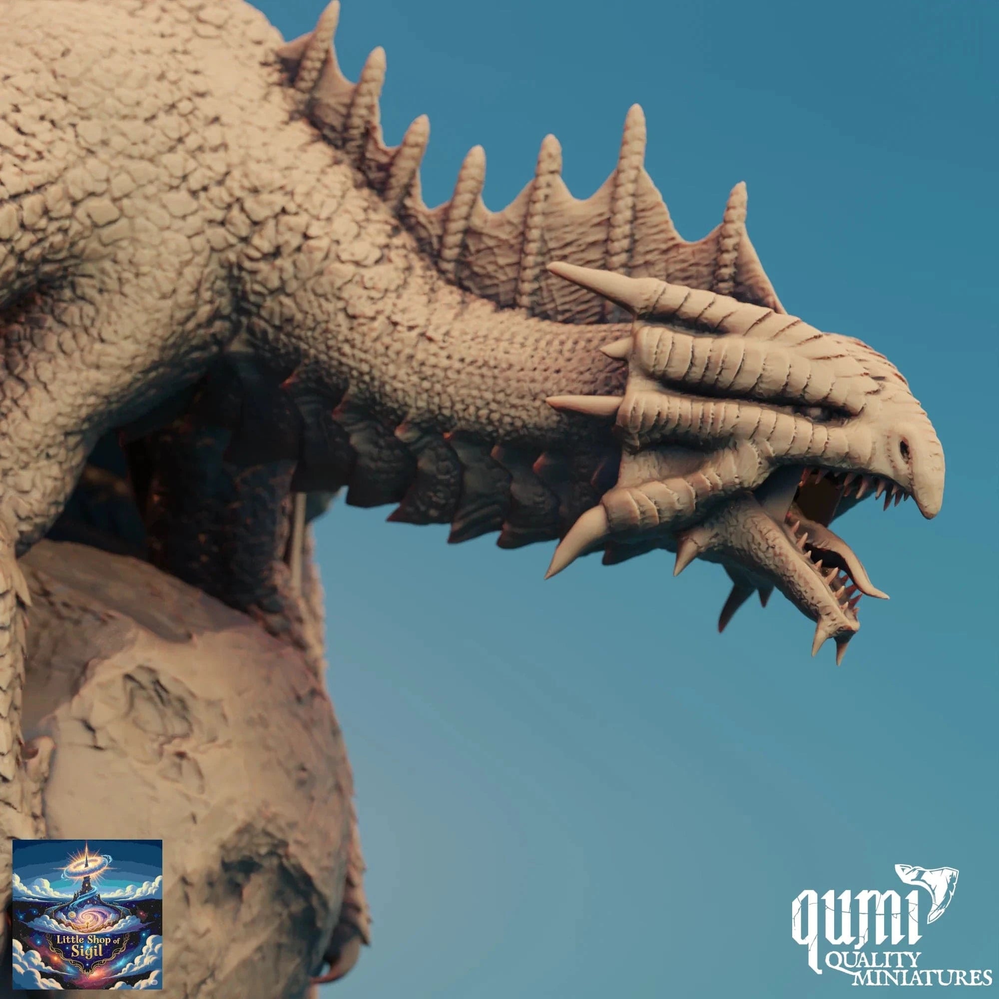 Close-up of a dragon-like creature with a clear blue sky background, featuring the Qumi Quality Miniatures logo.