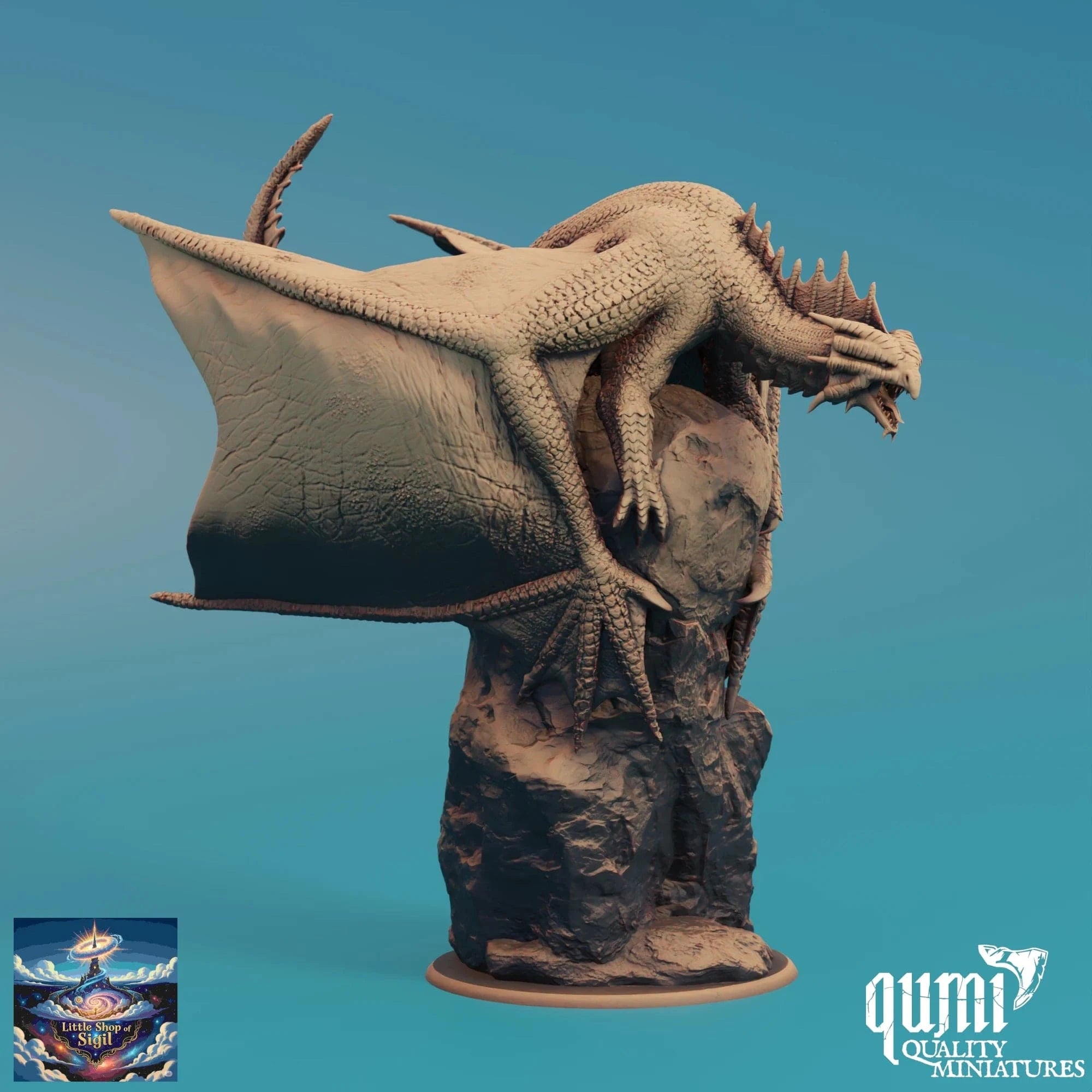 Dragon figurine on a stand with a blue gradient background, featuring the Qumi Quality Miniatures logo.