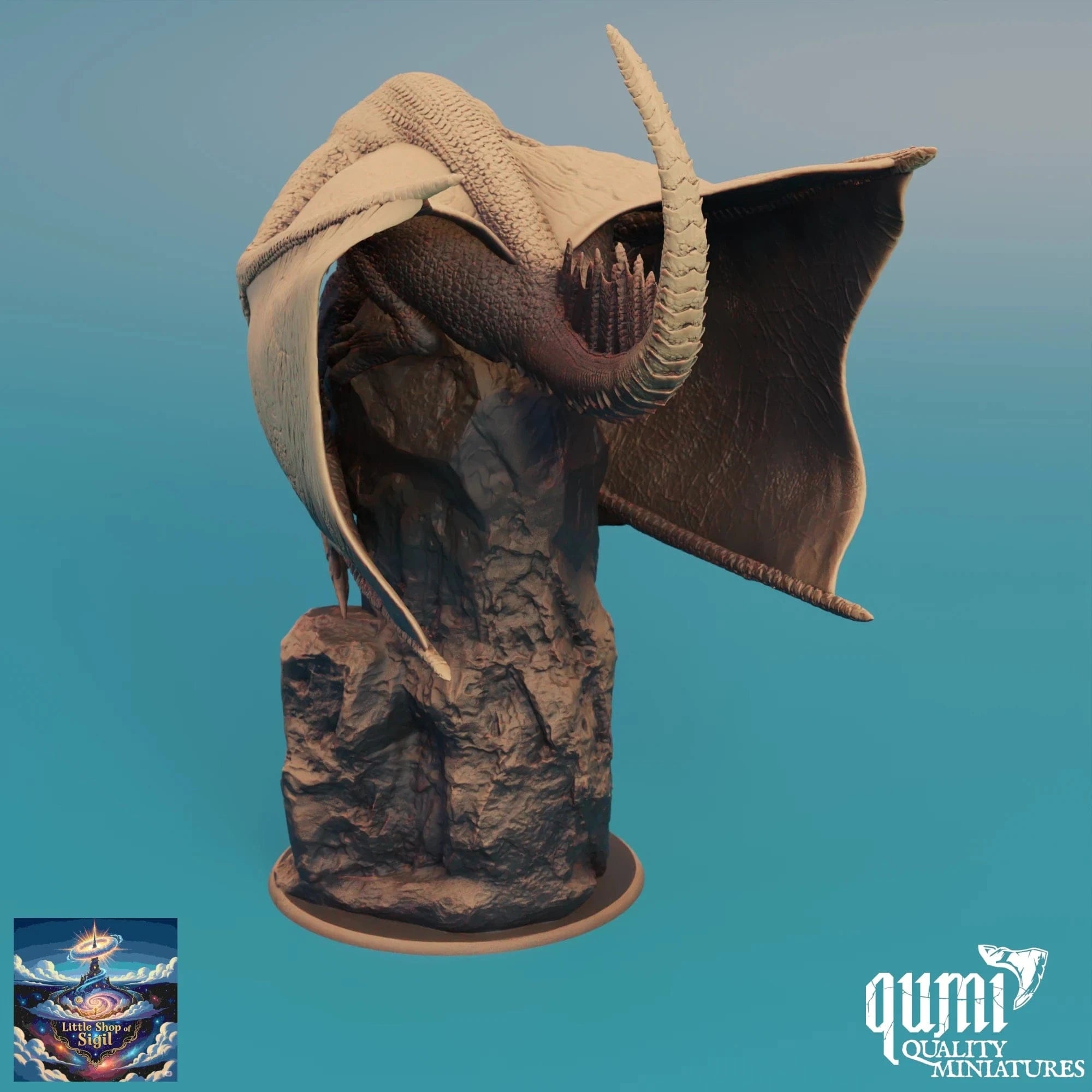 Minisculpture of a fantasy creature with large ears and horns on a blue gradient background, featuring the Qumi Quality Miniatures logo.