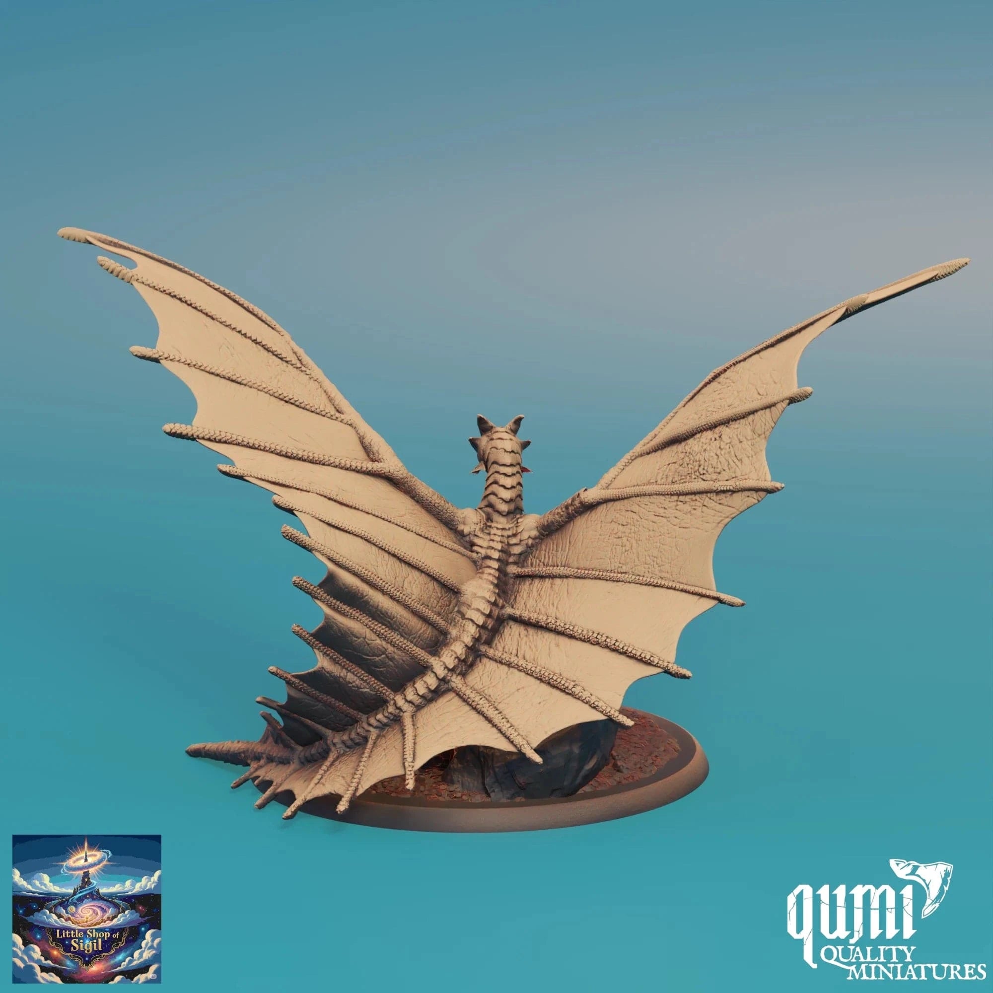 Dragon miniature figurine on a blue background with 'qumi' branding.