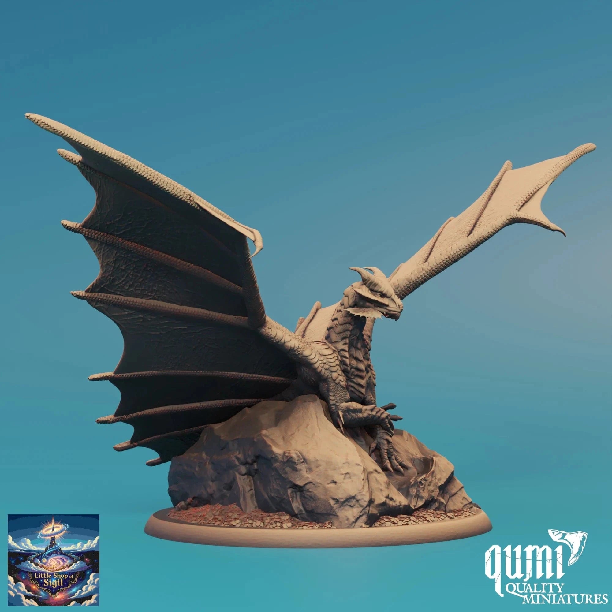 Dragon miniature figurine on a blue gradient background with 'Qumi Quality Miniatures' branding.