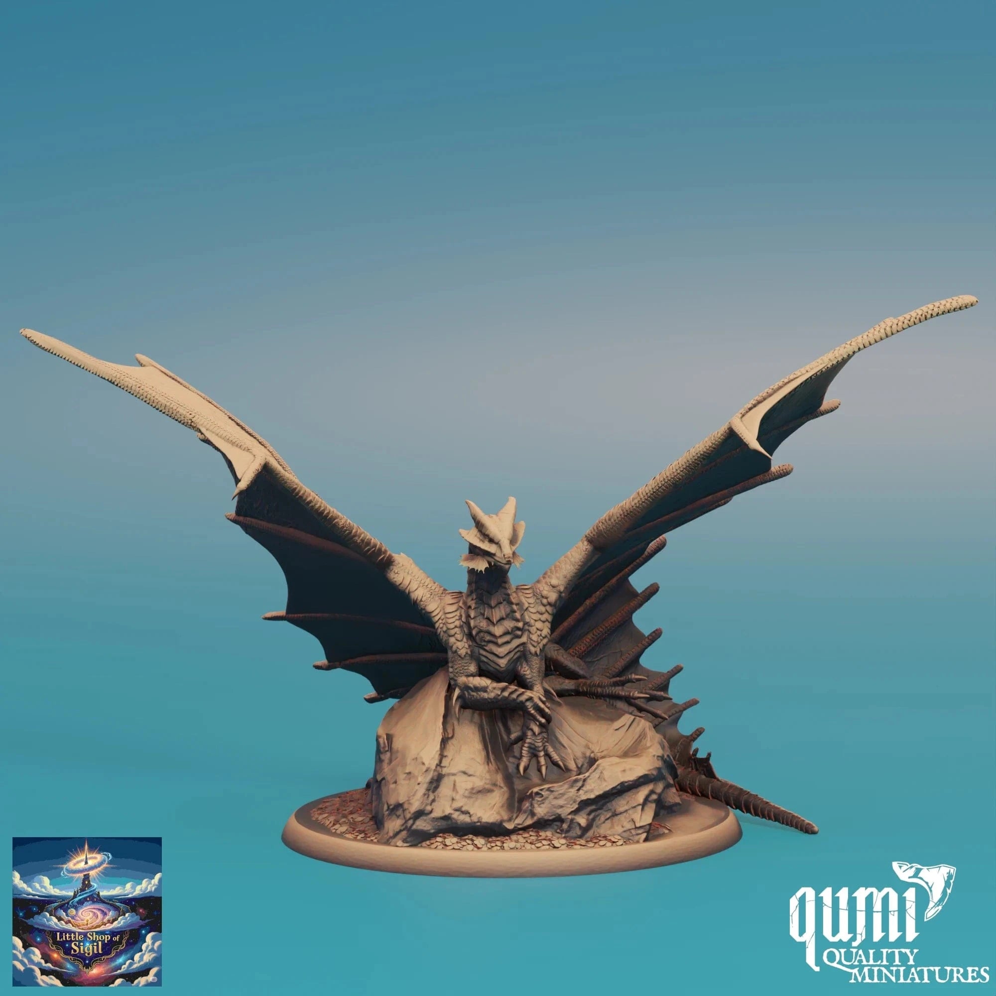 Dragon miniature figurine on a blue gradient background with 'Qumi Quality Miniatures' branding.