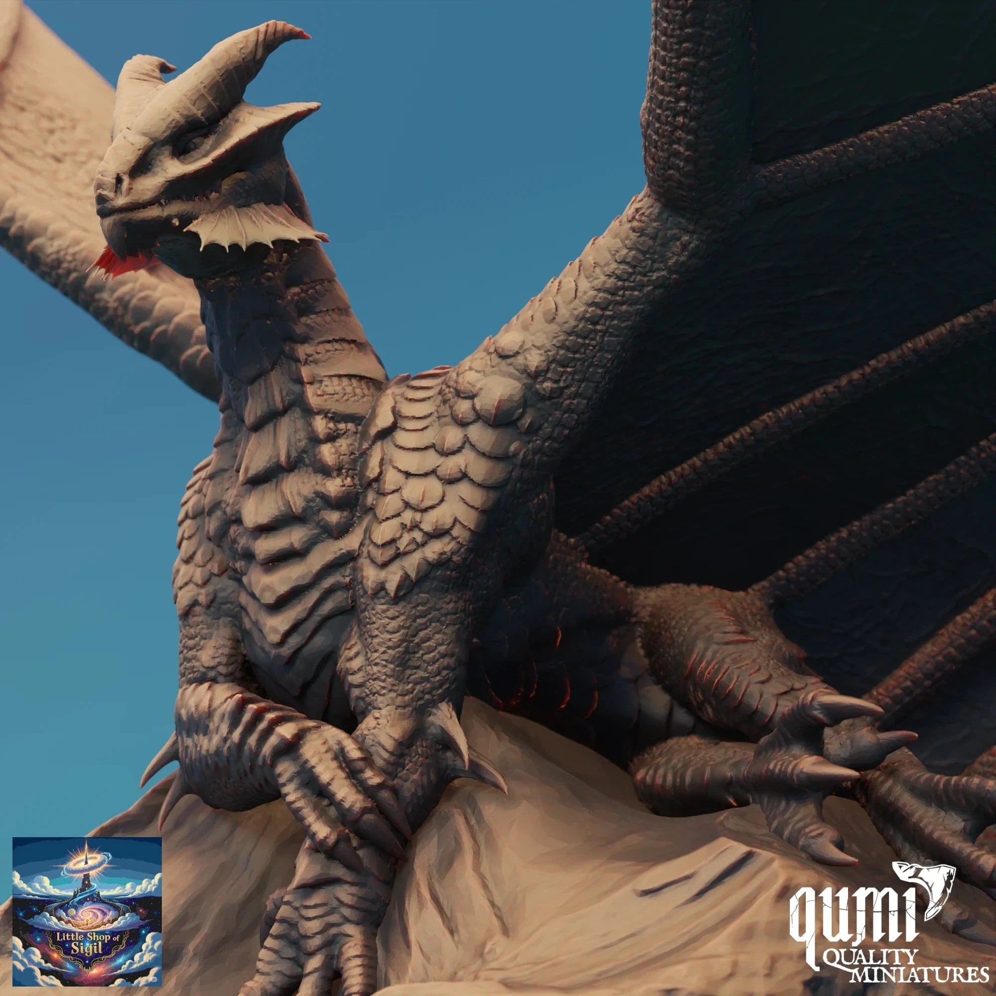 Close-up of a detailed dragon sculpture with 'Qumi Quality Miniatures' branding.
