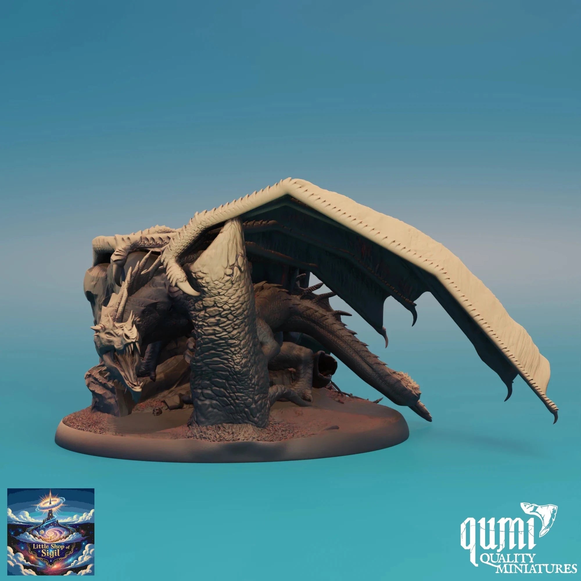 Dragon miniature on a blue gradient background with 'qumi Quality Miniatures' branding.