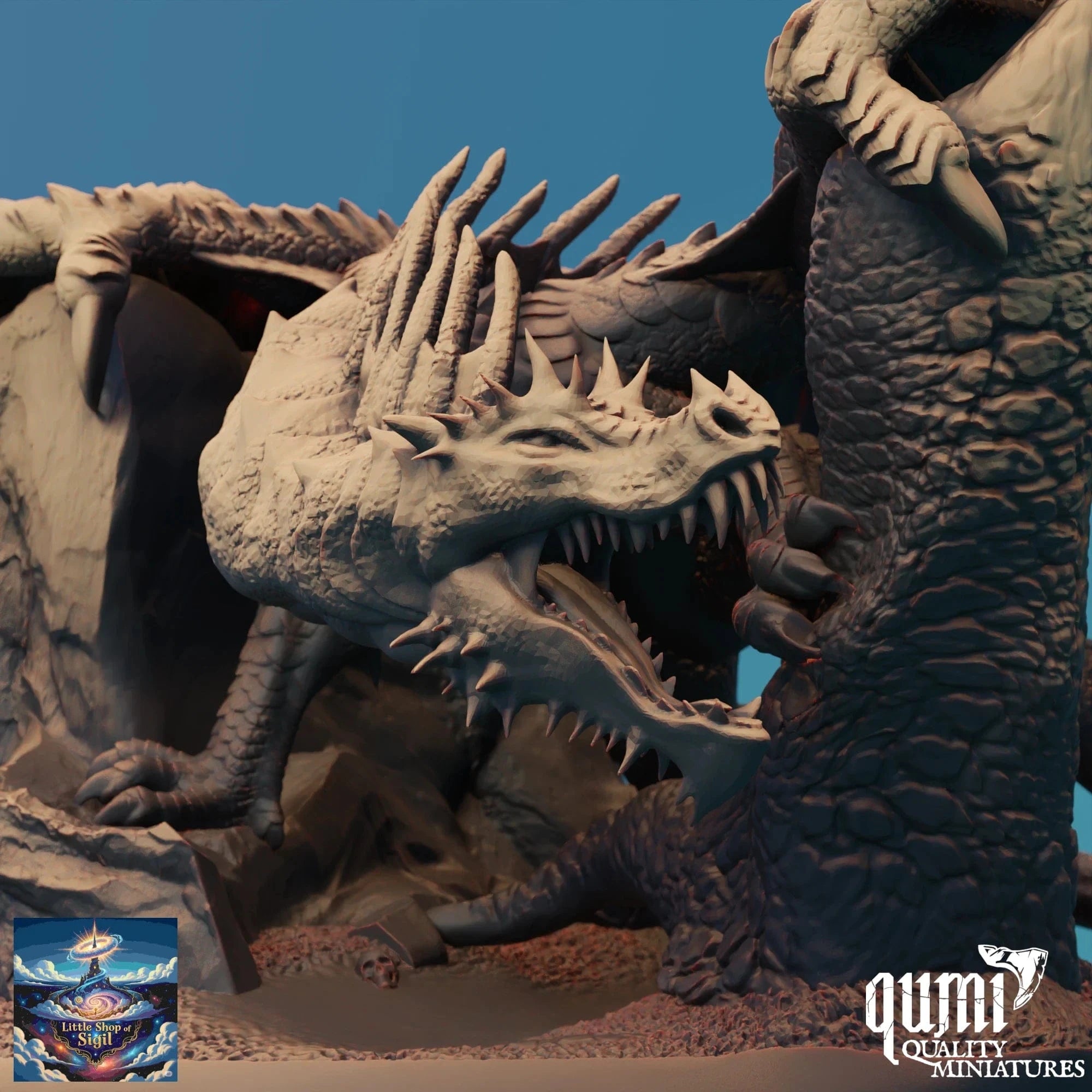 Detailed dragon sculpture with 'Quill Quality Miniatures' branding.