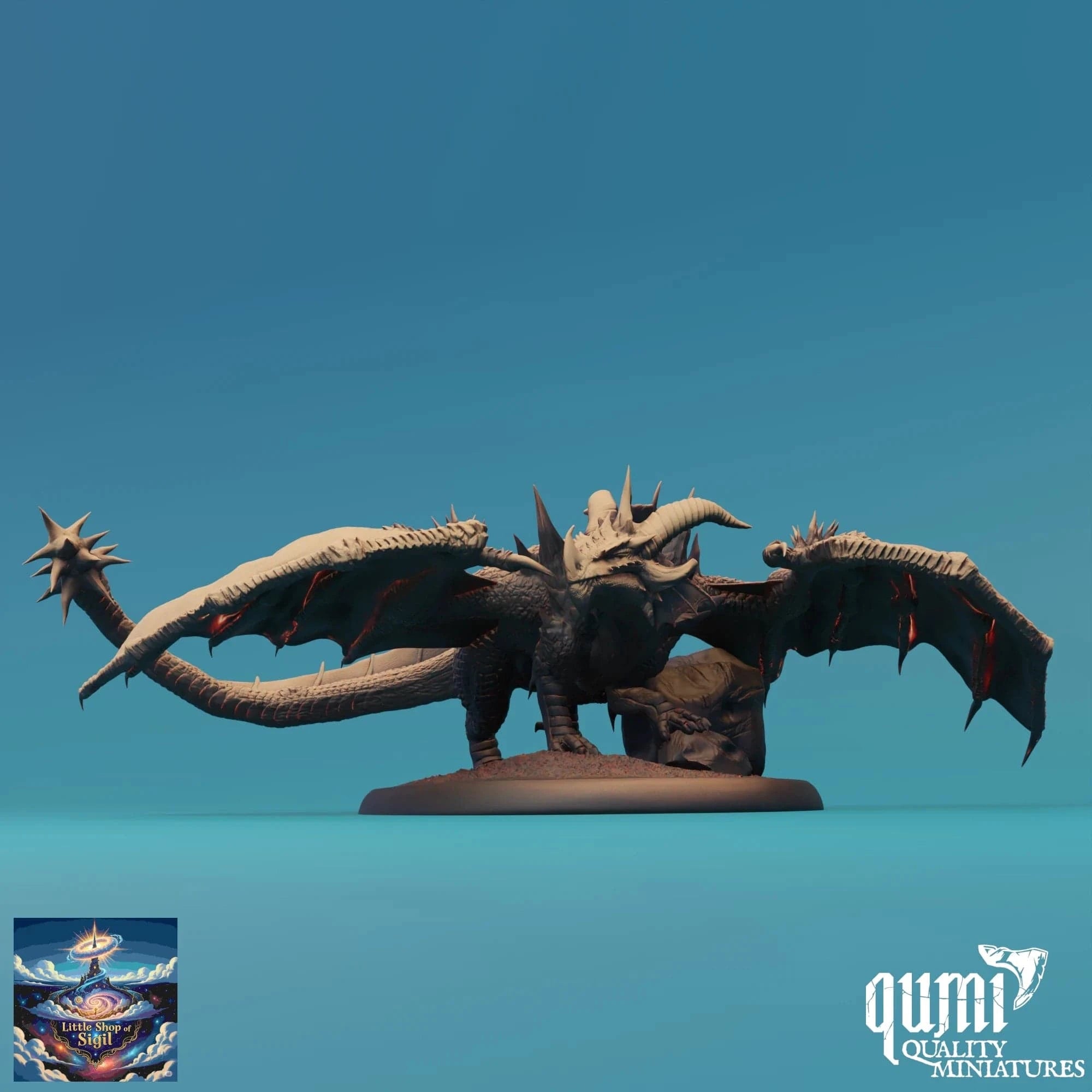 Dragon-like creature figurine on a blue background with 'qumi Quality Miniatures' branding.