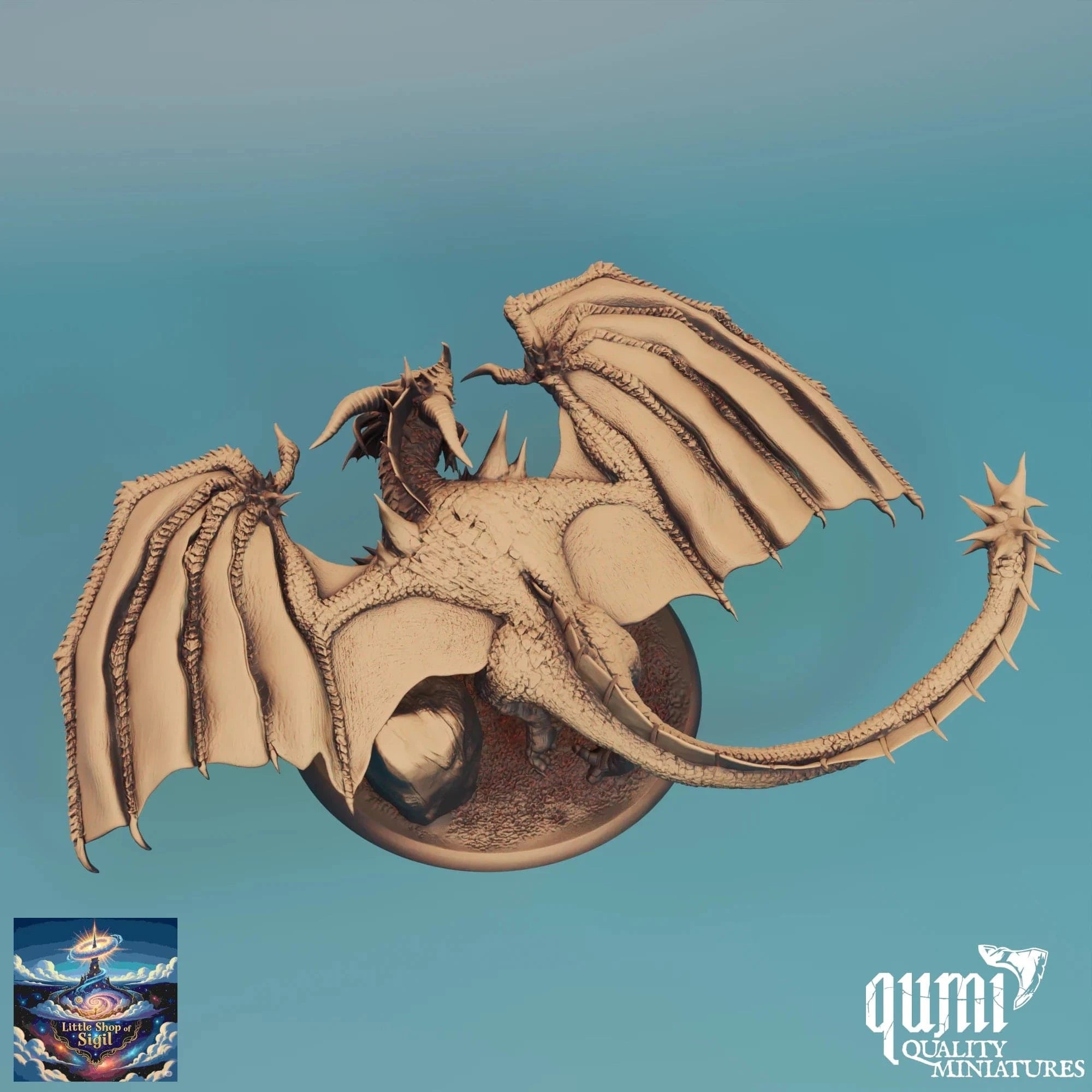 Dragon miniature figure with open wings on a blue background, featuring the Qumi Quality Miniatures brand.
