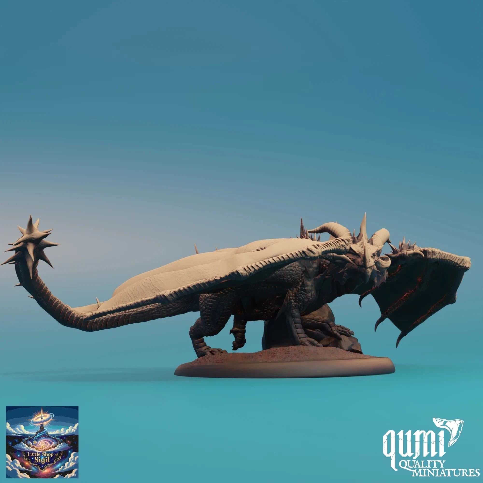 Dragon-like creature figurine on a blue background with 'qumi Quality Miniatures' branding.