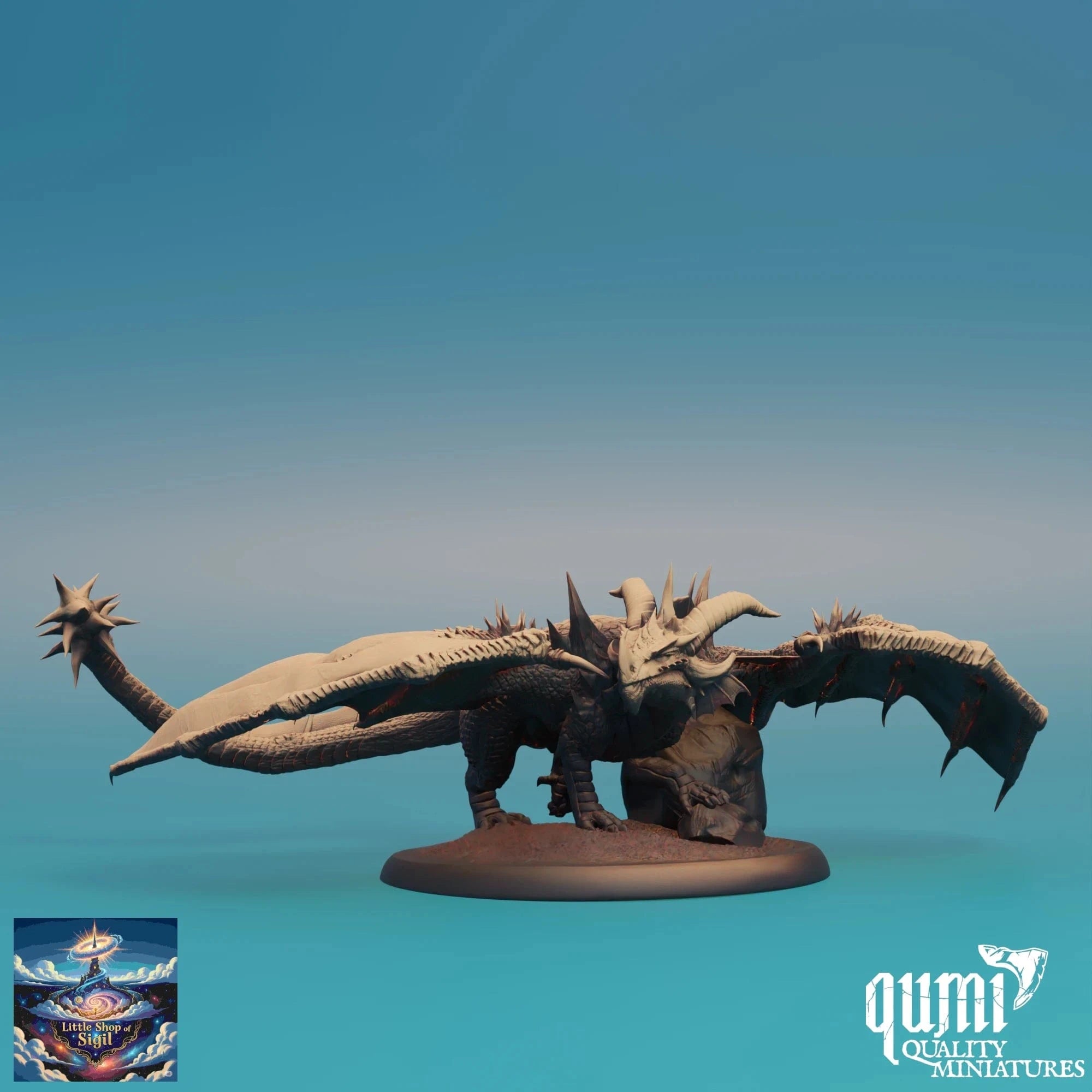 Dragon-like creature figurine on a blue gradient background with 'qumi' branding.