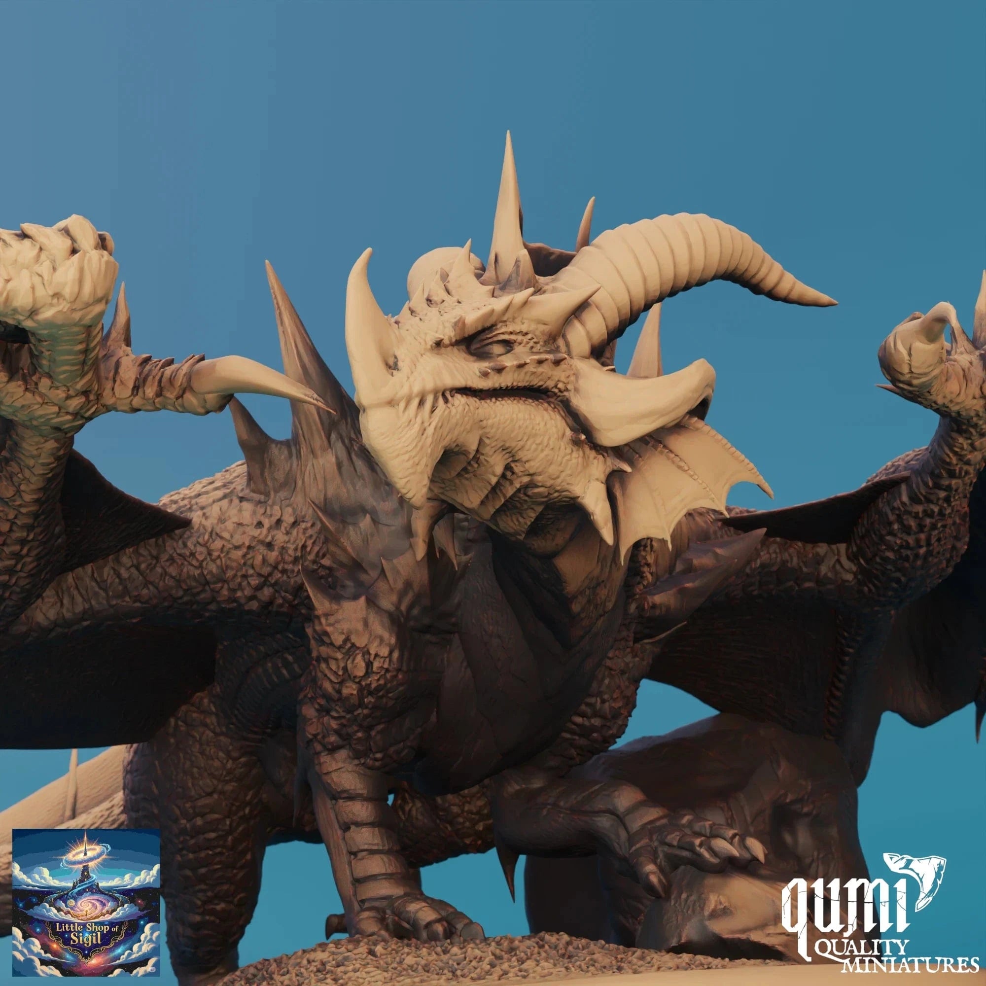 Detailed dragon model with 'Quill Quality Miniatures' branding on a blue background