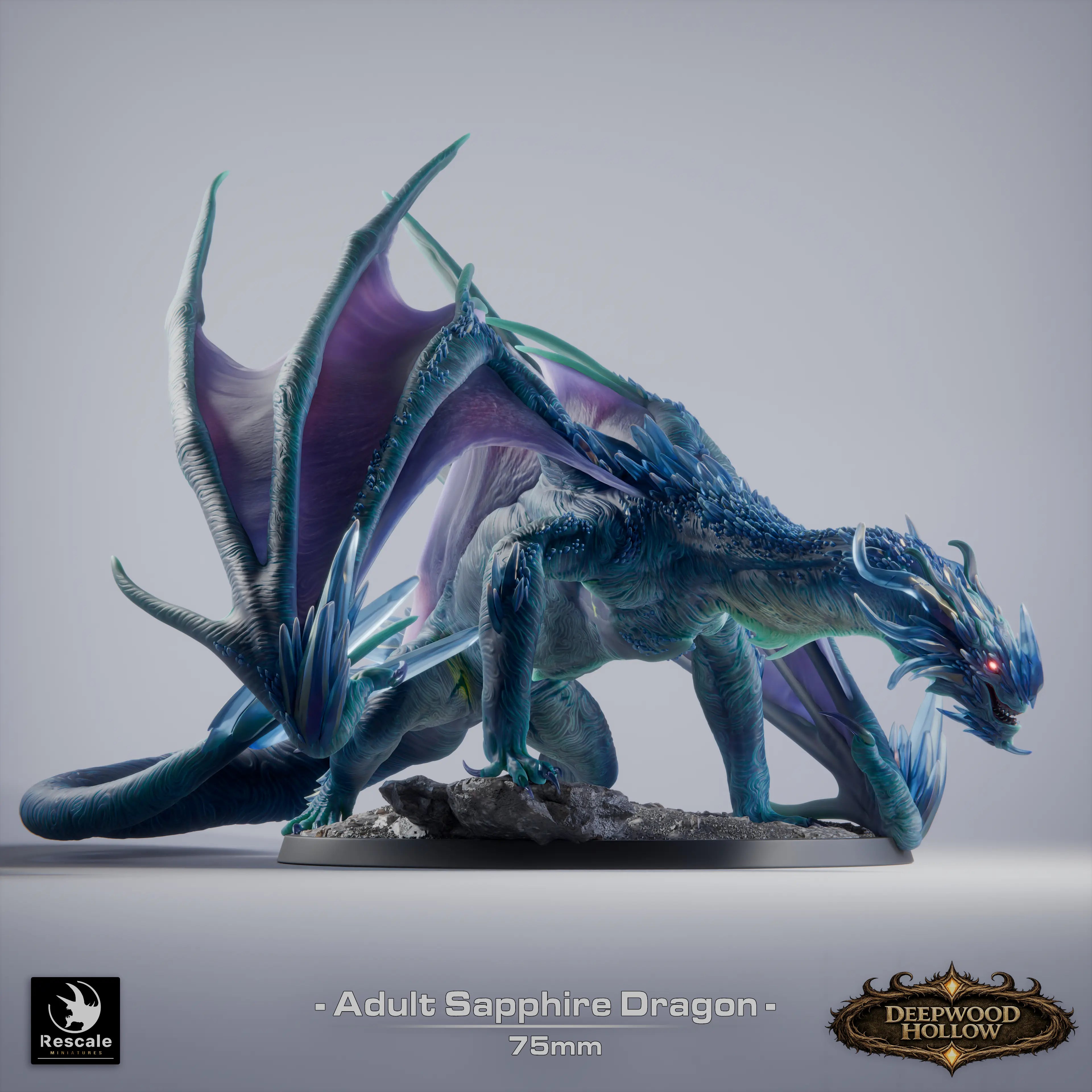 Adult sapphire dragon miniature by Qumi, detailed tabletop miniature for wargaming and RPG, resin-rescaled dragon figure.