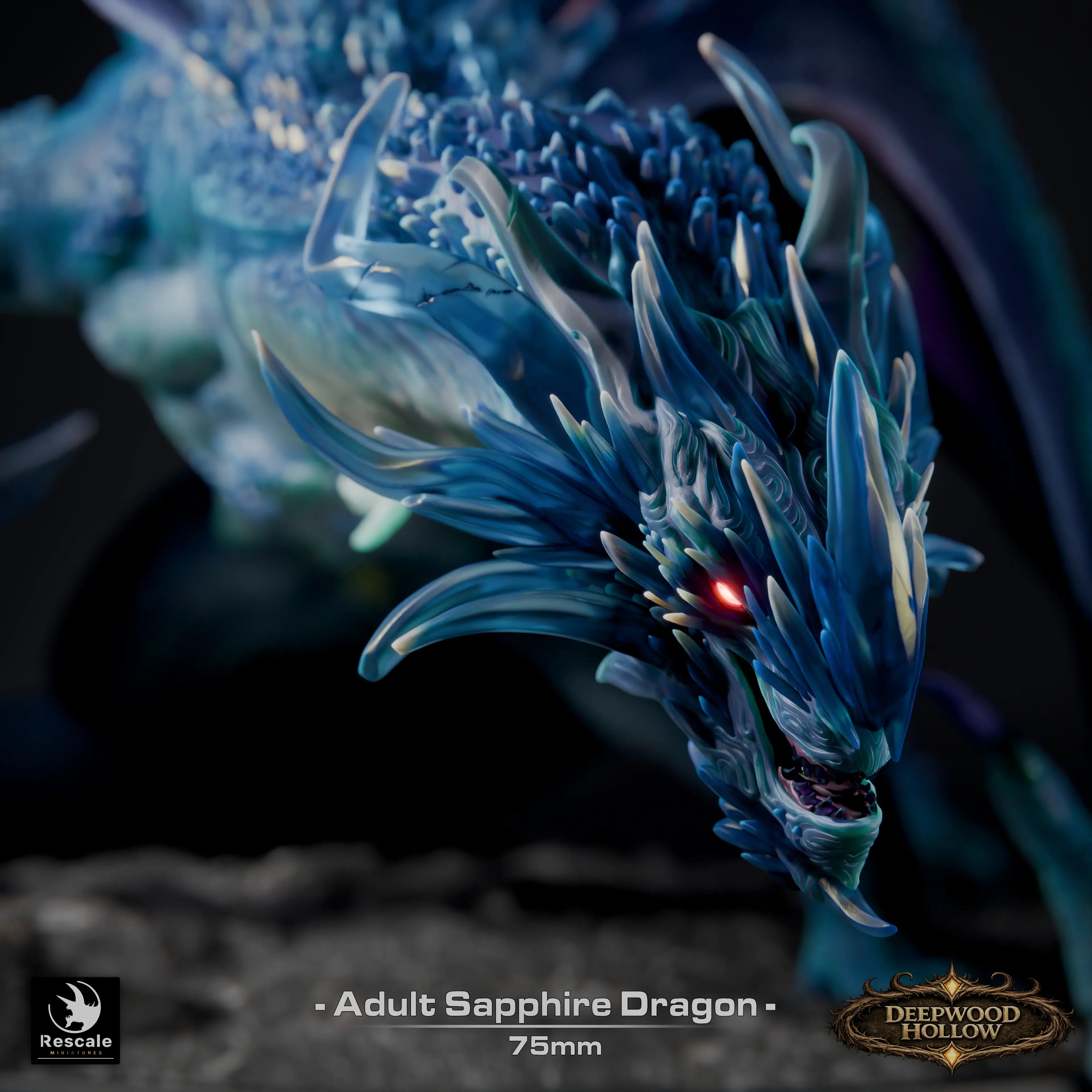 Adult sapphire dragon miniature by Qumi, detailed tabletop miniature for wargaming and RPG, resin rescale dragon figure.