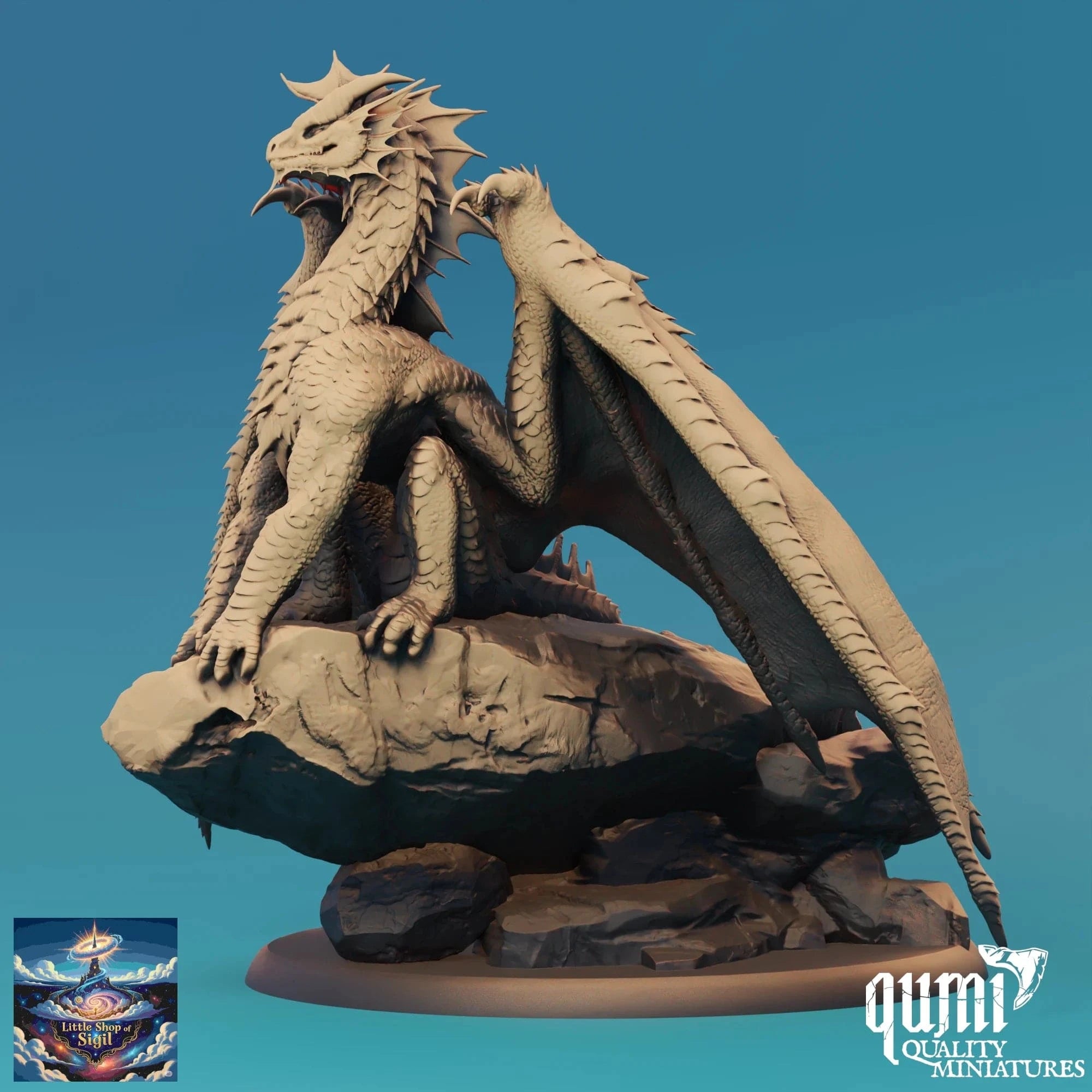 Dragon figurine on a rock with a blue gradient background, featuring the Qumi Quality Miniatures logo.
