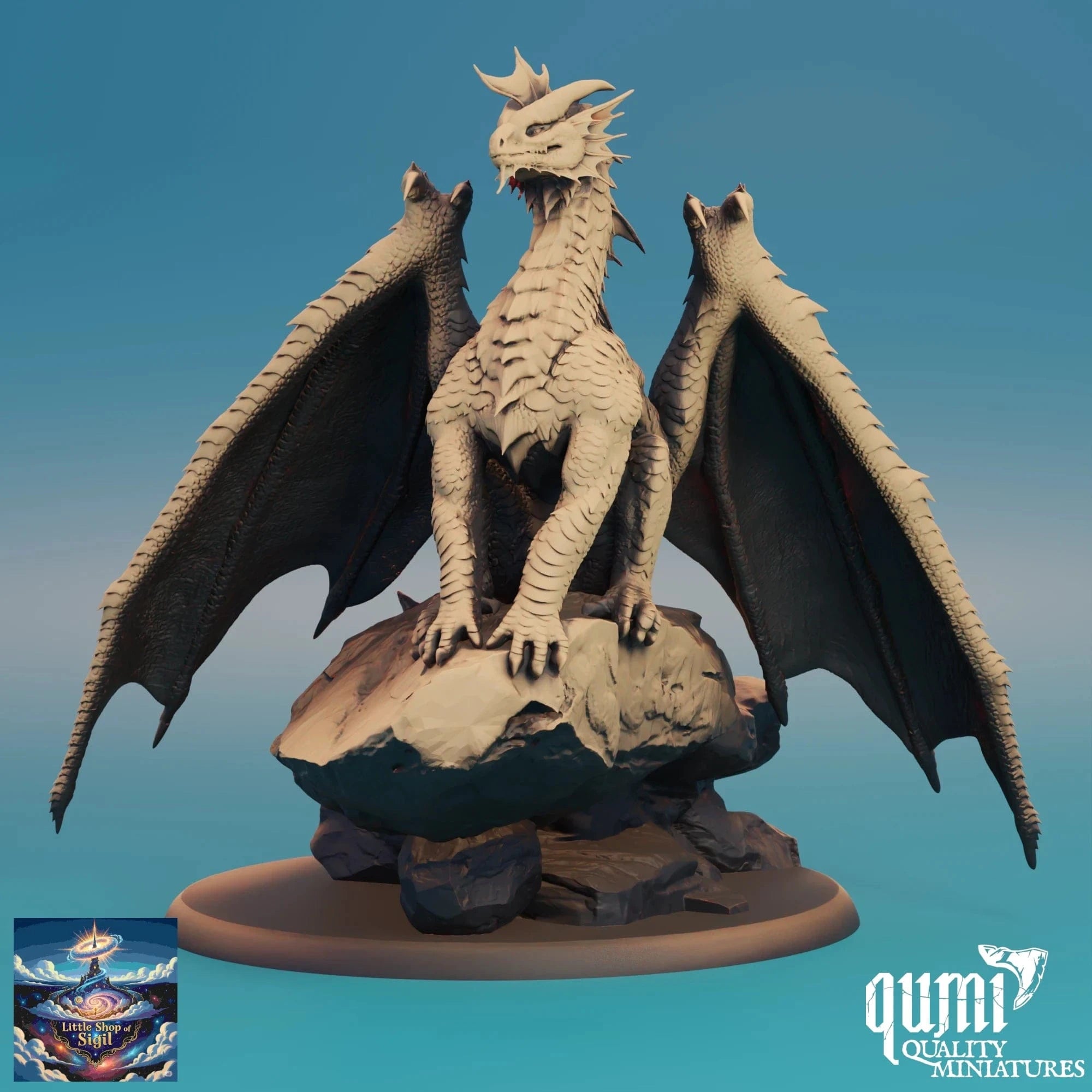 Dragon figurine on a rock with a blue gradient background, featuring the Qumi Quality Miniatures logo.