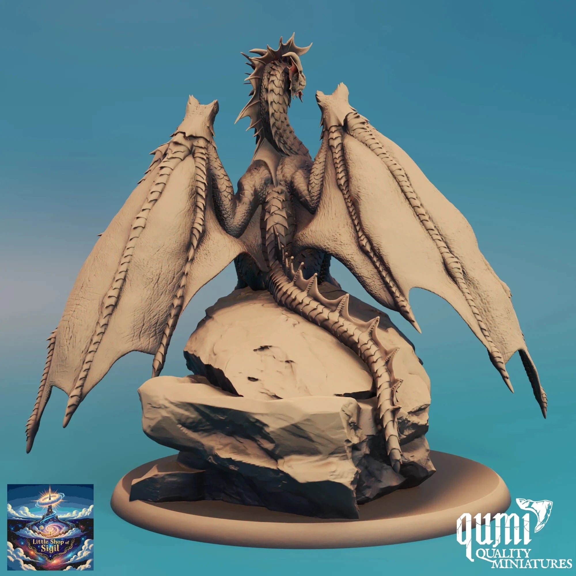 Dragon figurine on a rock with a blue gradient background, featuring the Qumi Quality Miniatures logo.