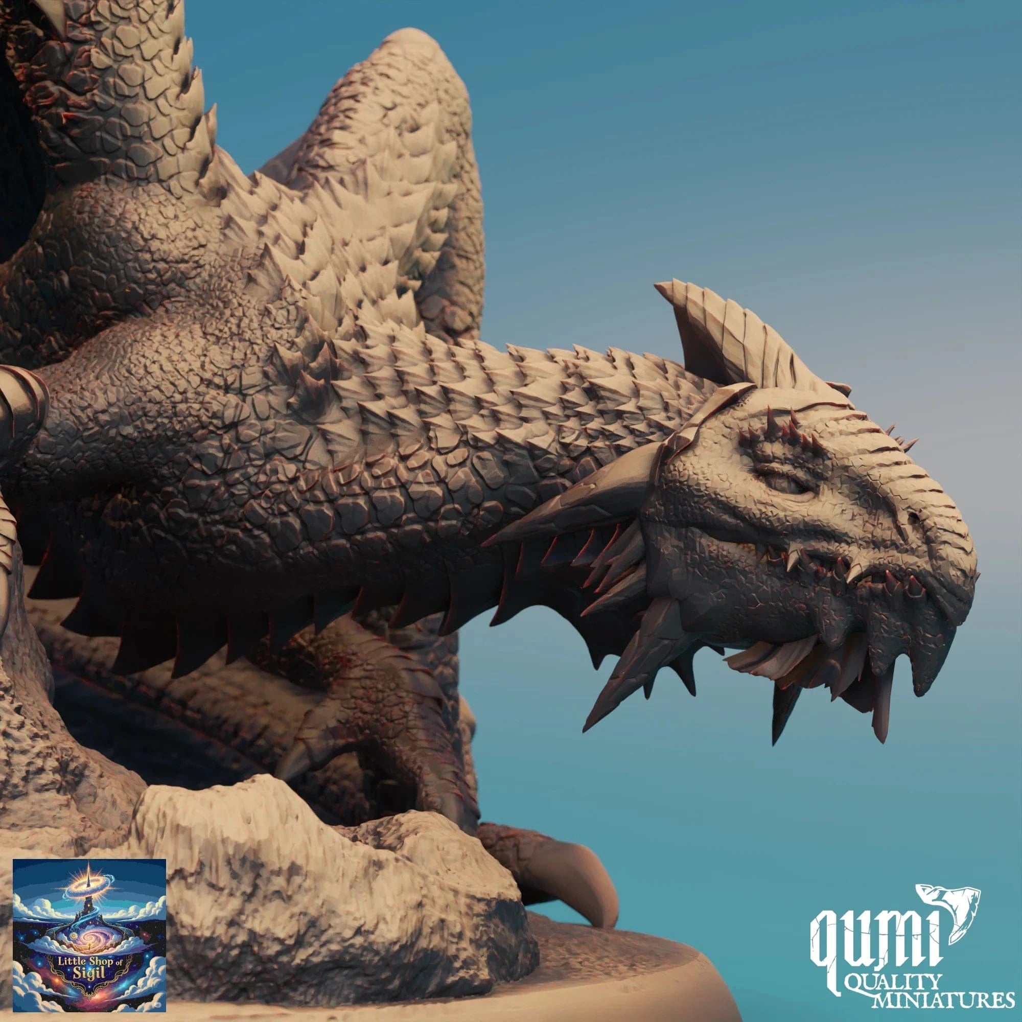 Detailed dragon miniature with a blue gradient background, featuring the Qumi brand.