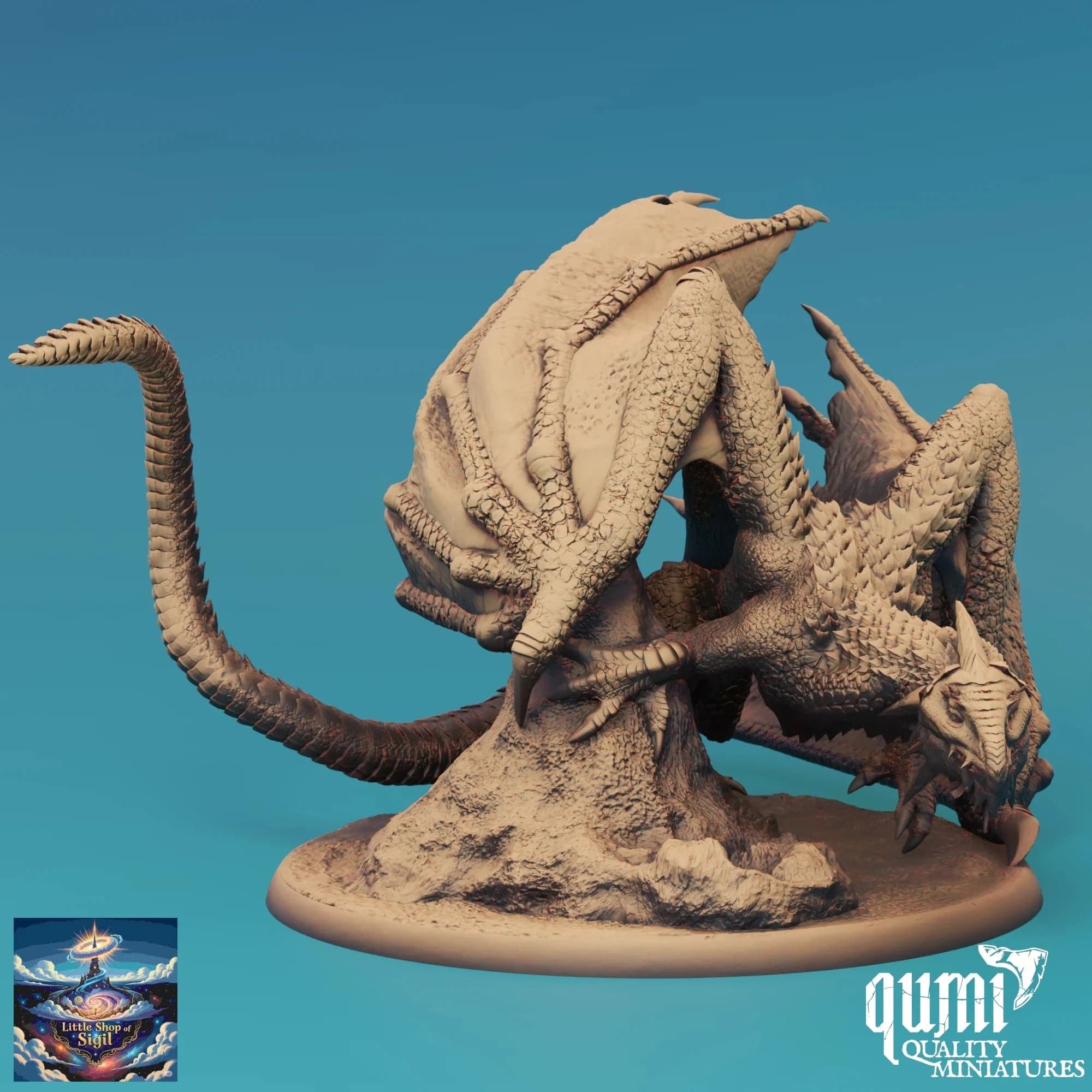 Minisature dragon-like creature on a blue background with 'Qumi Quality Miniatures' branding.