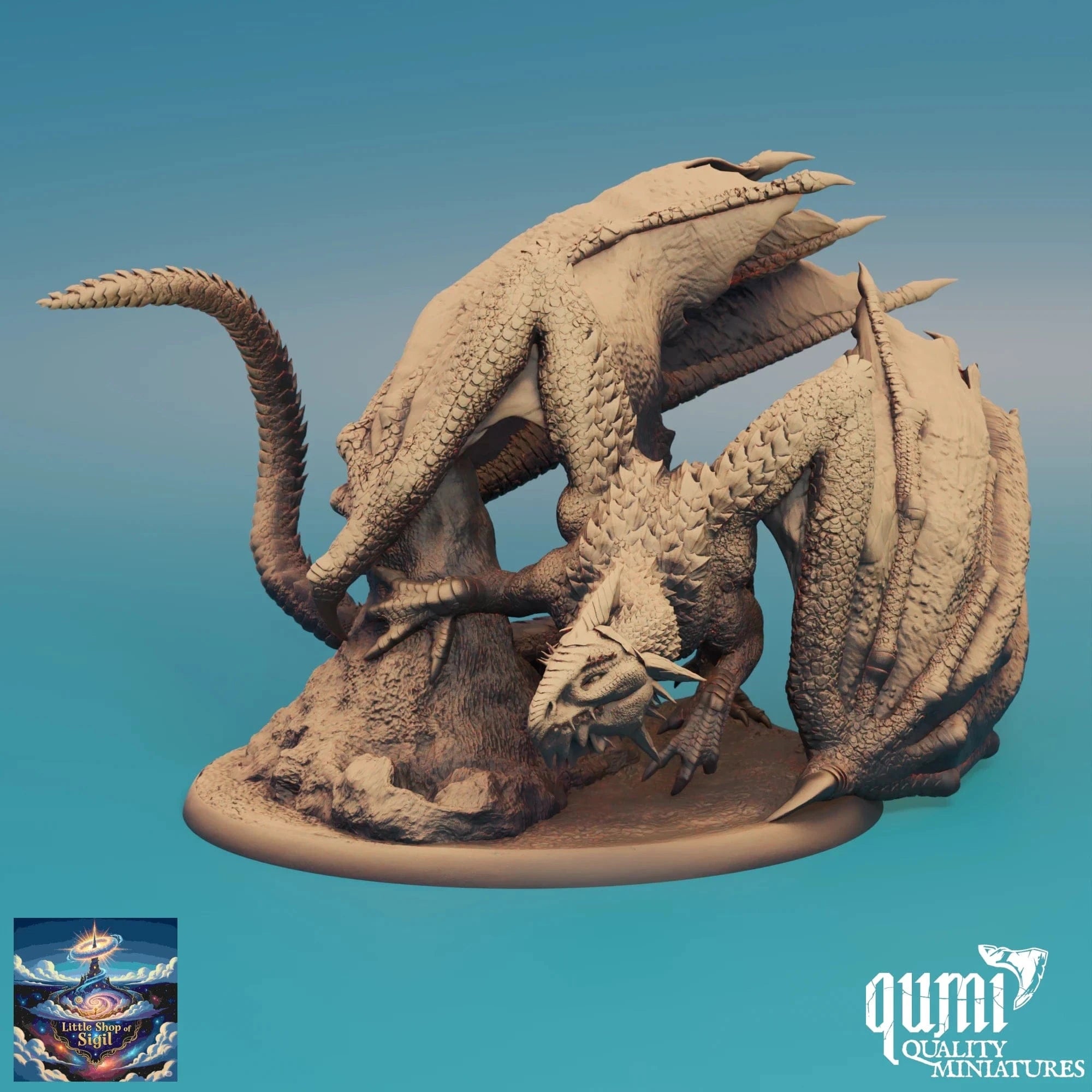 Unfinished dragon sculpture on a blue gradient background with 'qumi' branding.