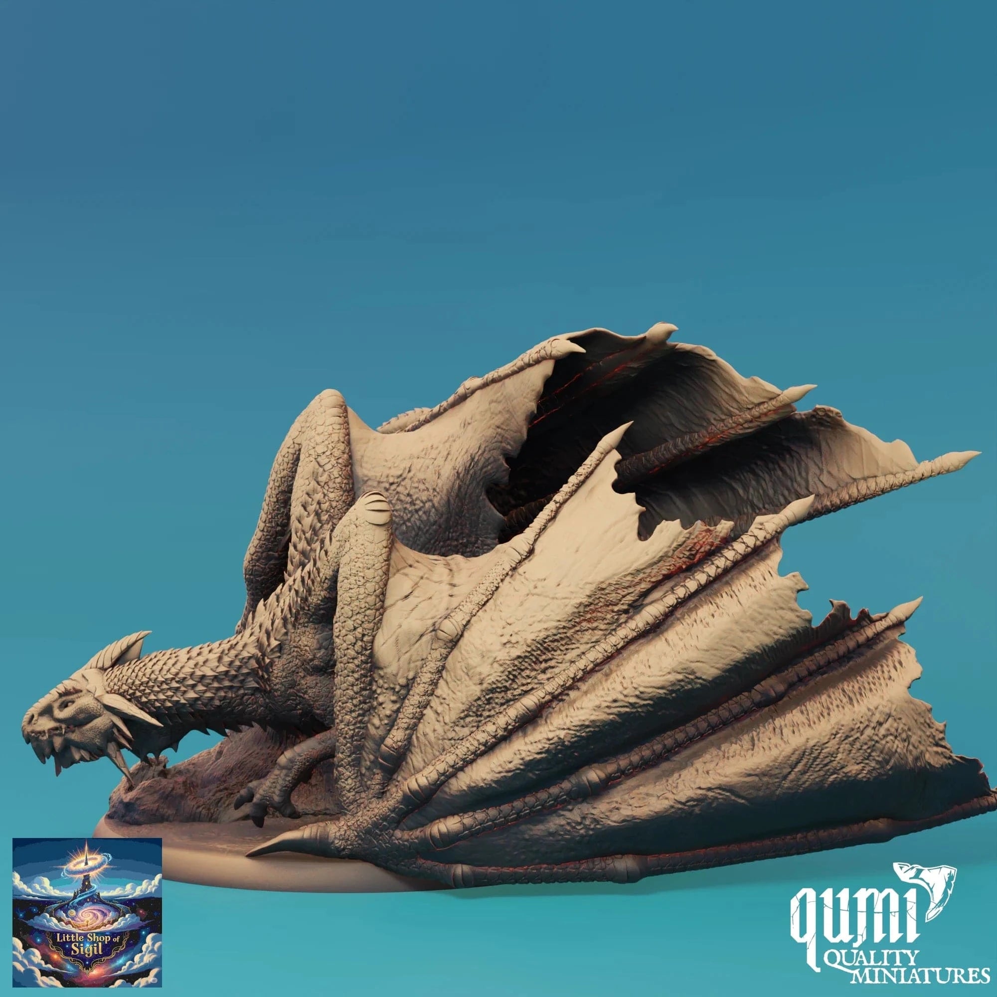 Dragon sculpture with 'qumi Quality Miniatures' branding on a blue background