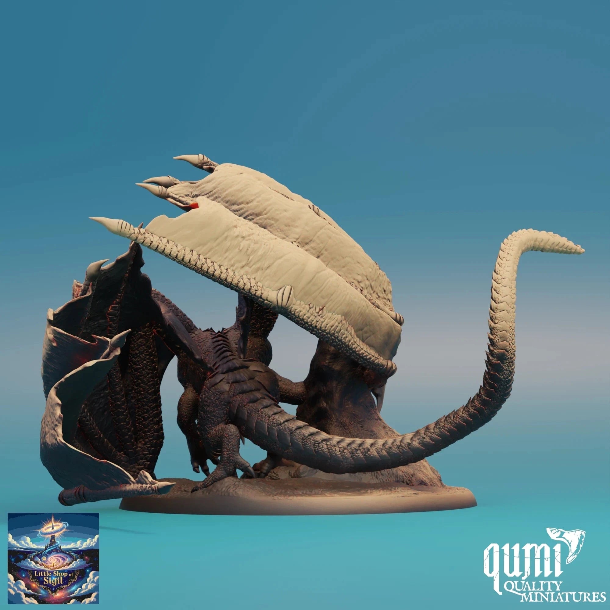 Dragon-like creature with a large shell on a gradient blue background, featuring the Qumi Quality Miniatures logo.