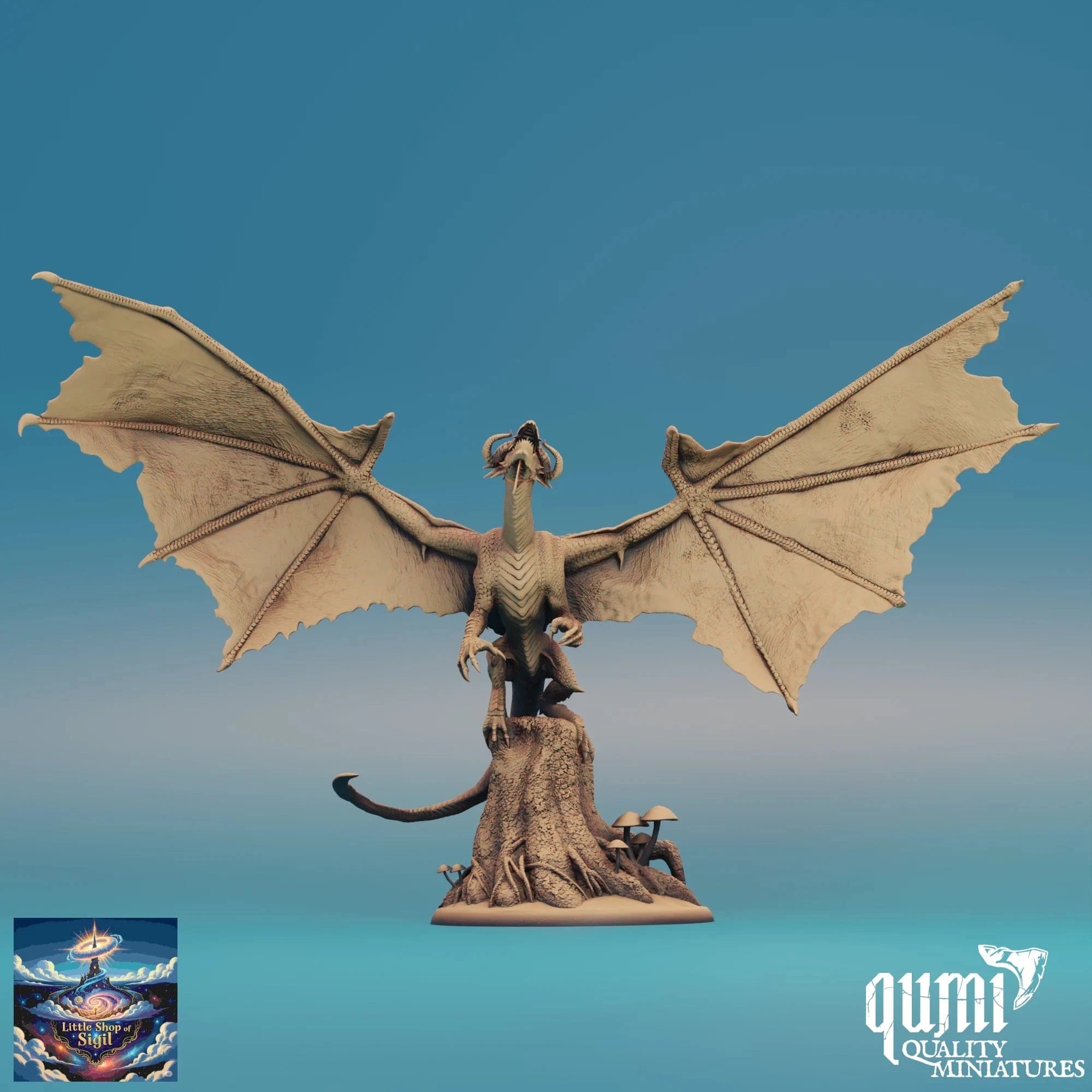 Dragon figurine on a blue gradient background with 'qumi Quality Miniatures' branding.