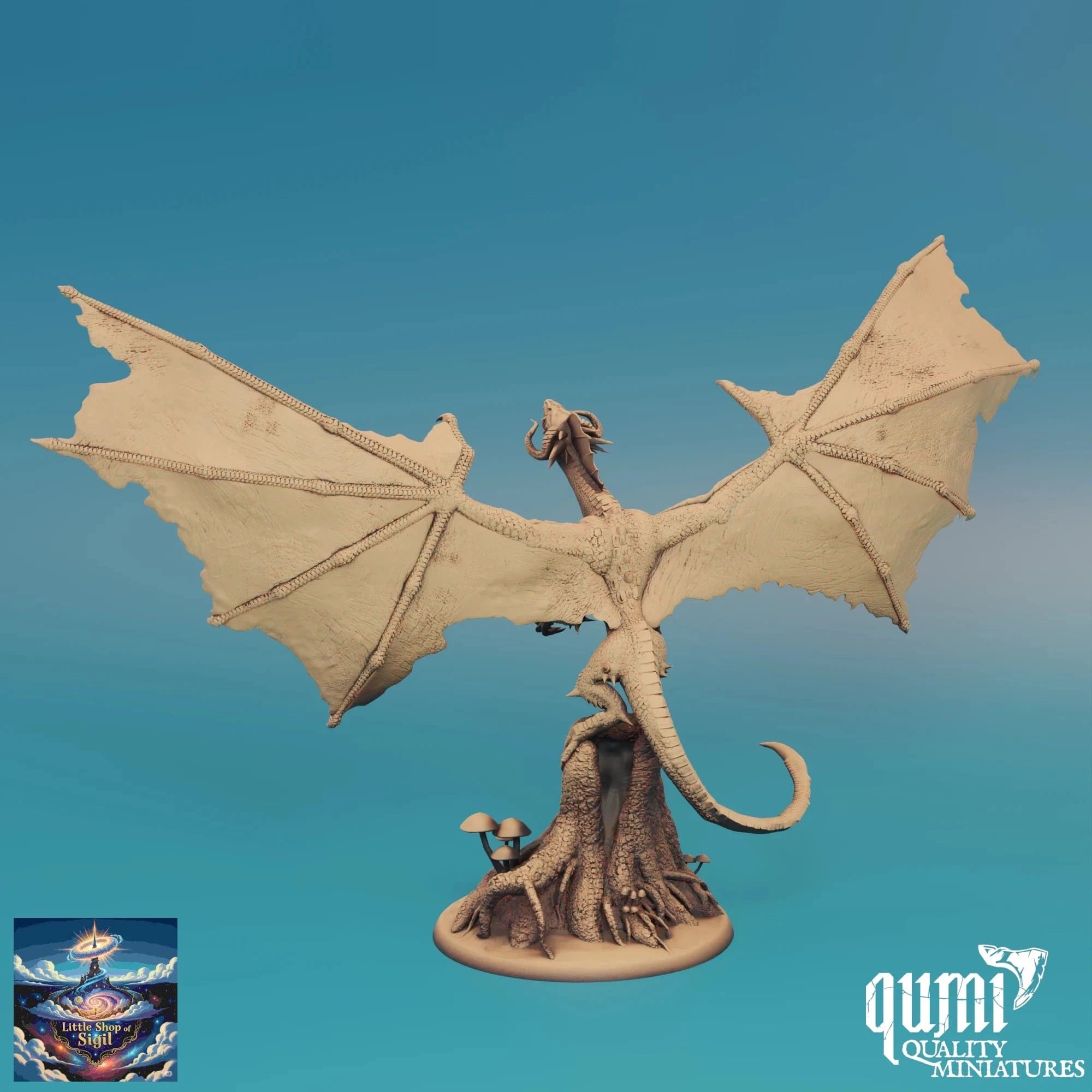 Dragon figurine on a blue gradient background with 'qumi Quality Miniatures' branding.