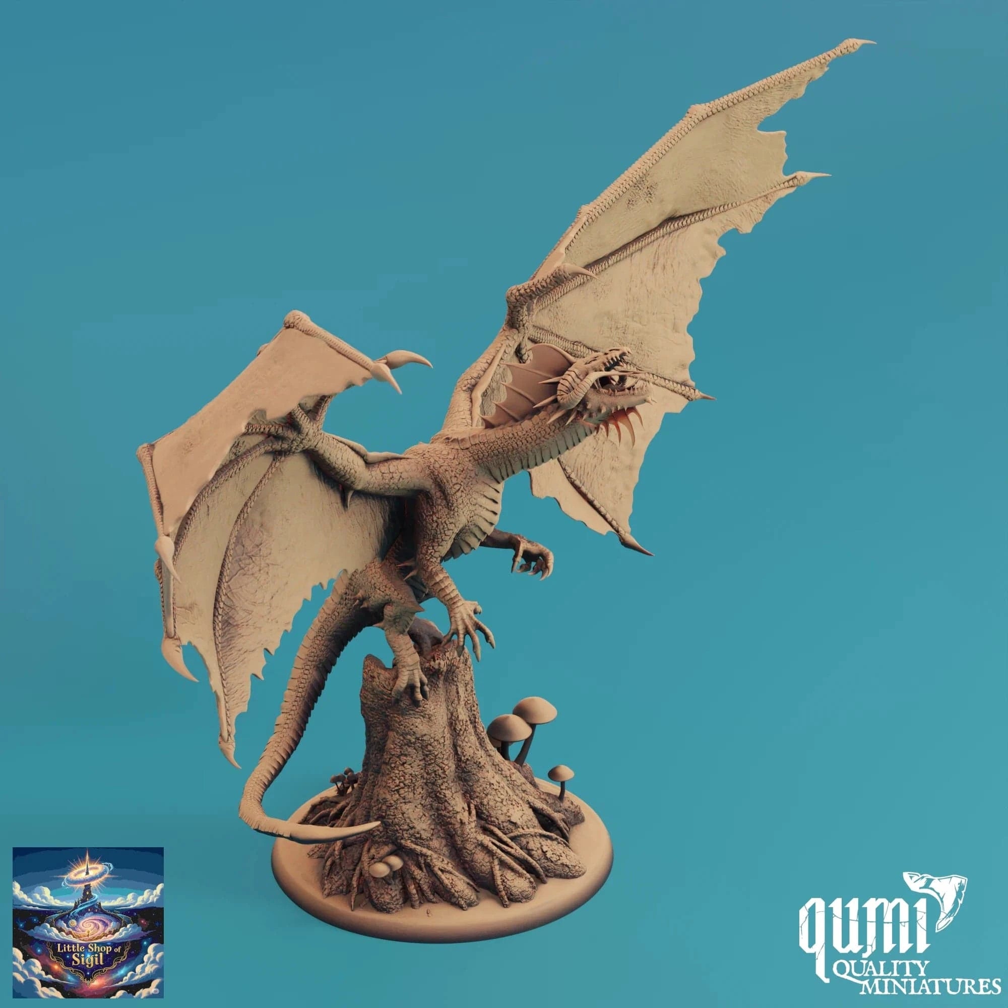 Dragon miniature figurine on a blue background with 'qumi Quality Miniatures' branding.