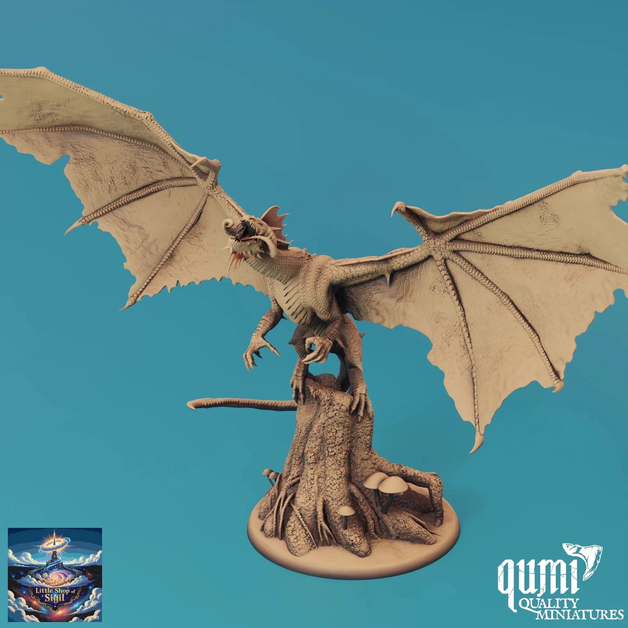 Dragon miniature figurine on a blue background with 'qumi' branding.