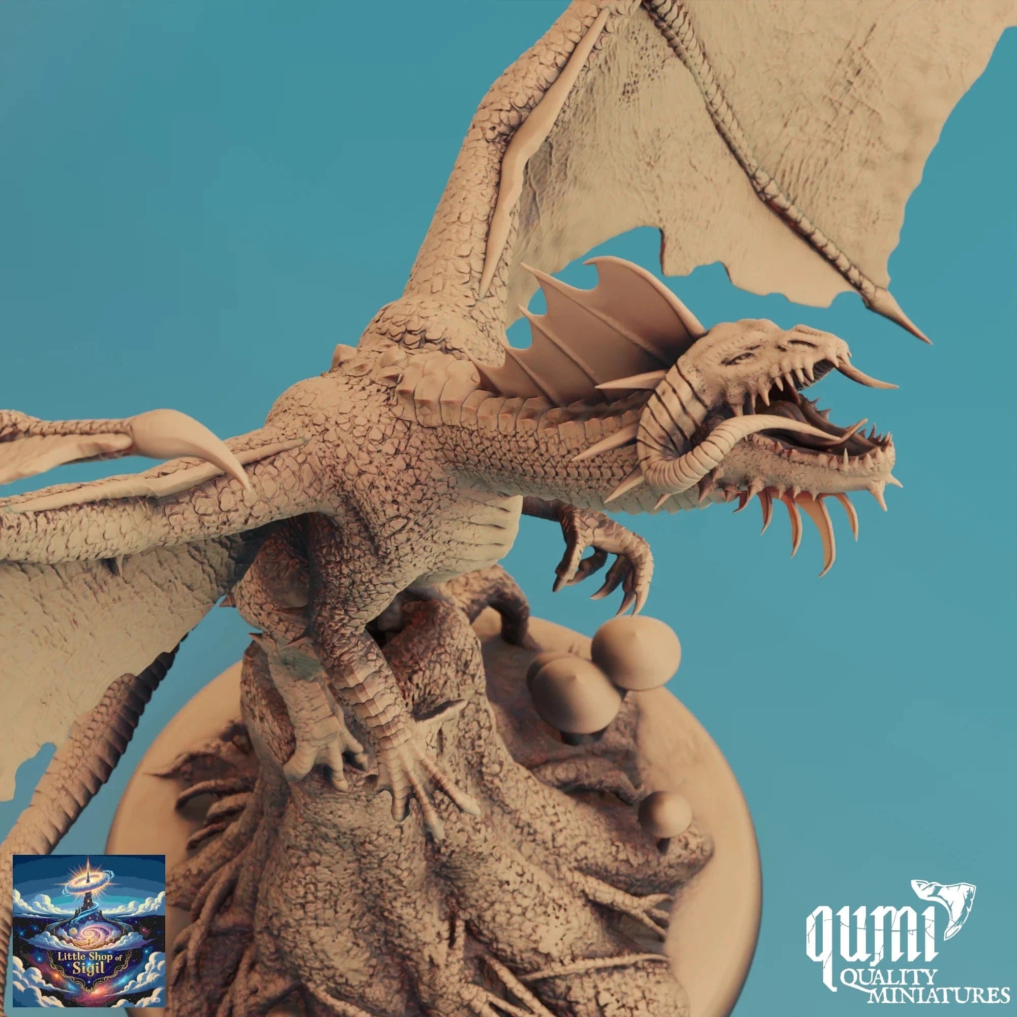 Dragon miniature figurine with 'qumi Quality Miniatures' branding on a blue background