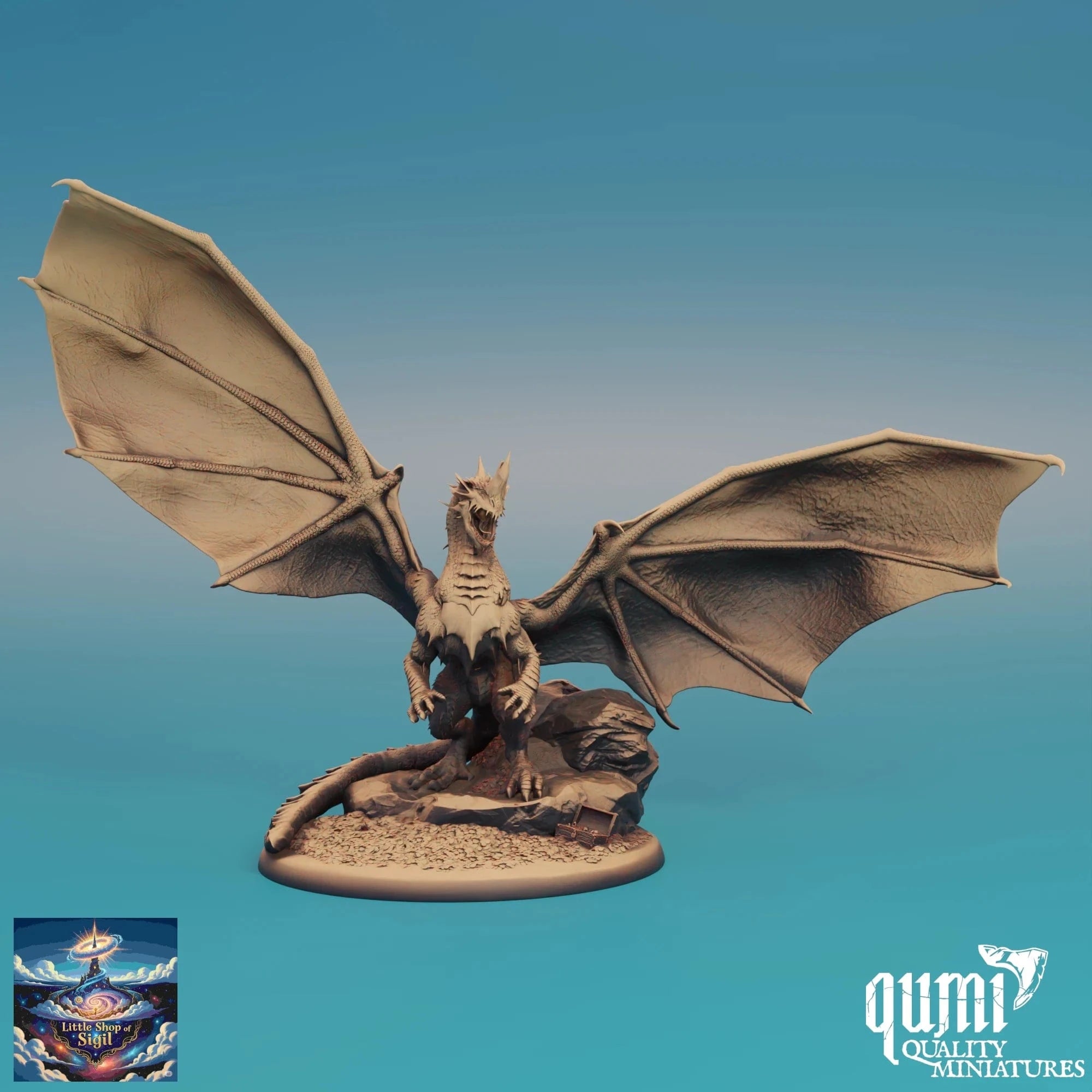 Dragon figurine with open wings on a blue gradient background, featuring the Qumi Quality Miniatures logo.
