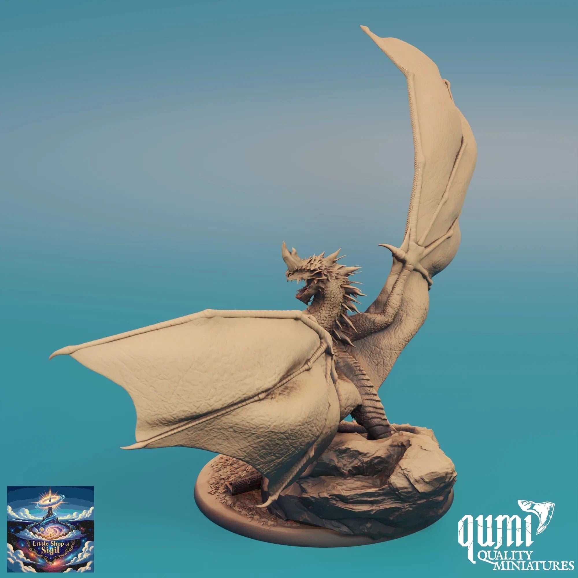 Dragon miniature figurine on a blue gradient background with 'qumi' branding.
