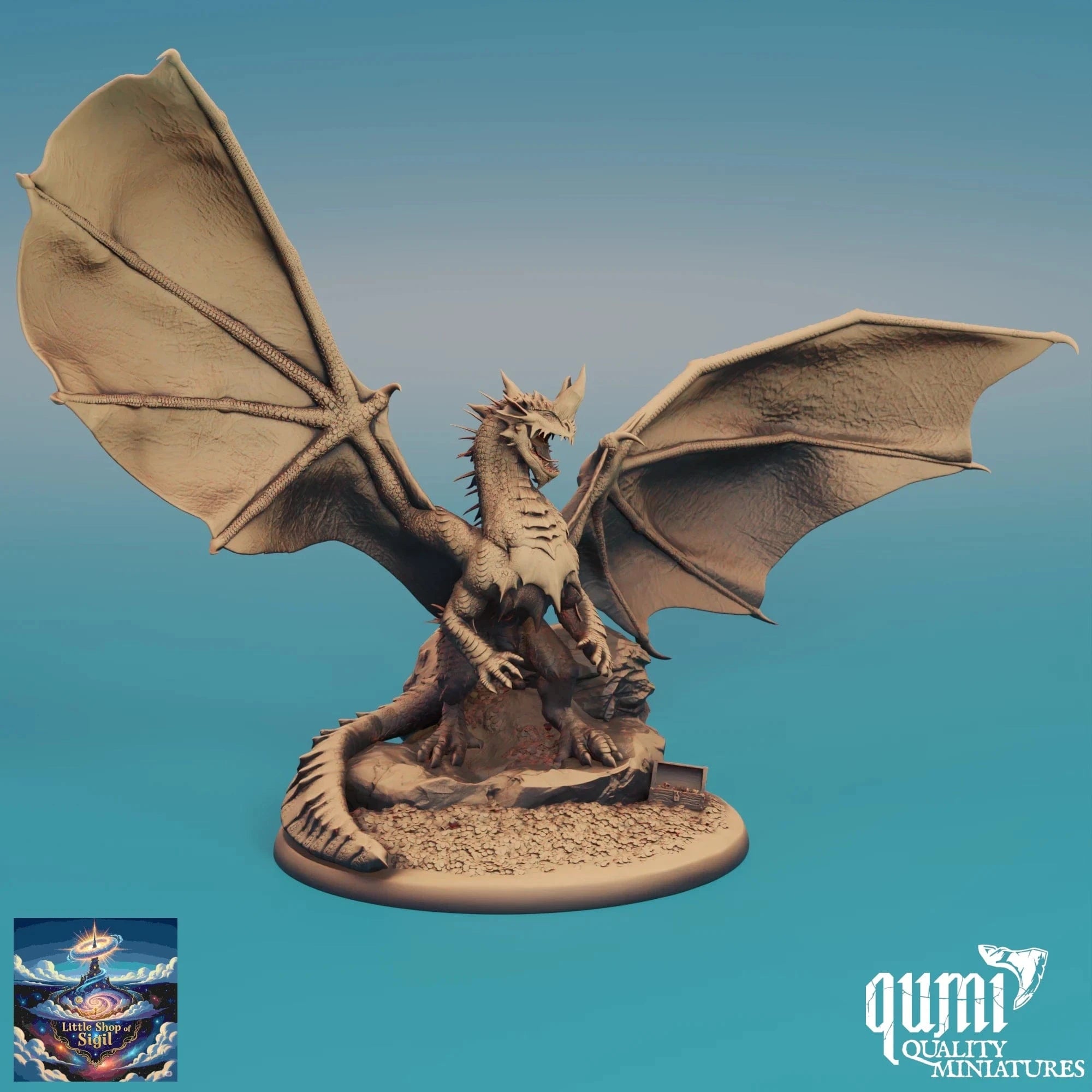 Dragon miniature figurine on a blue background with 'qumi' branding.