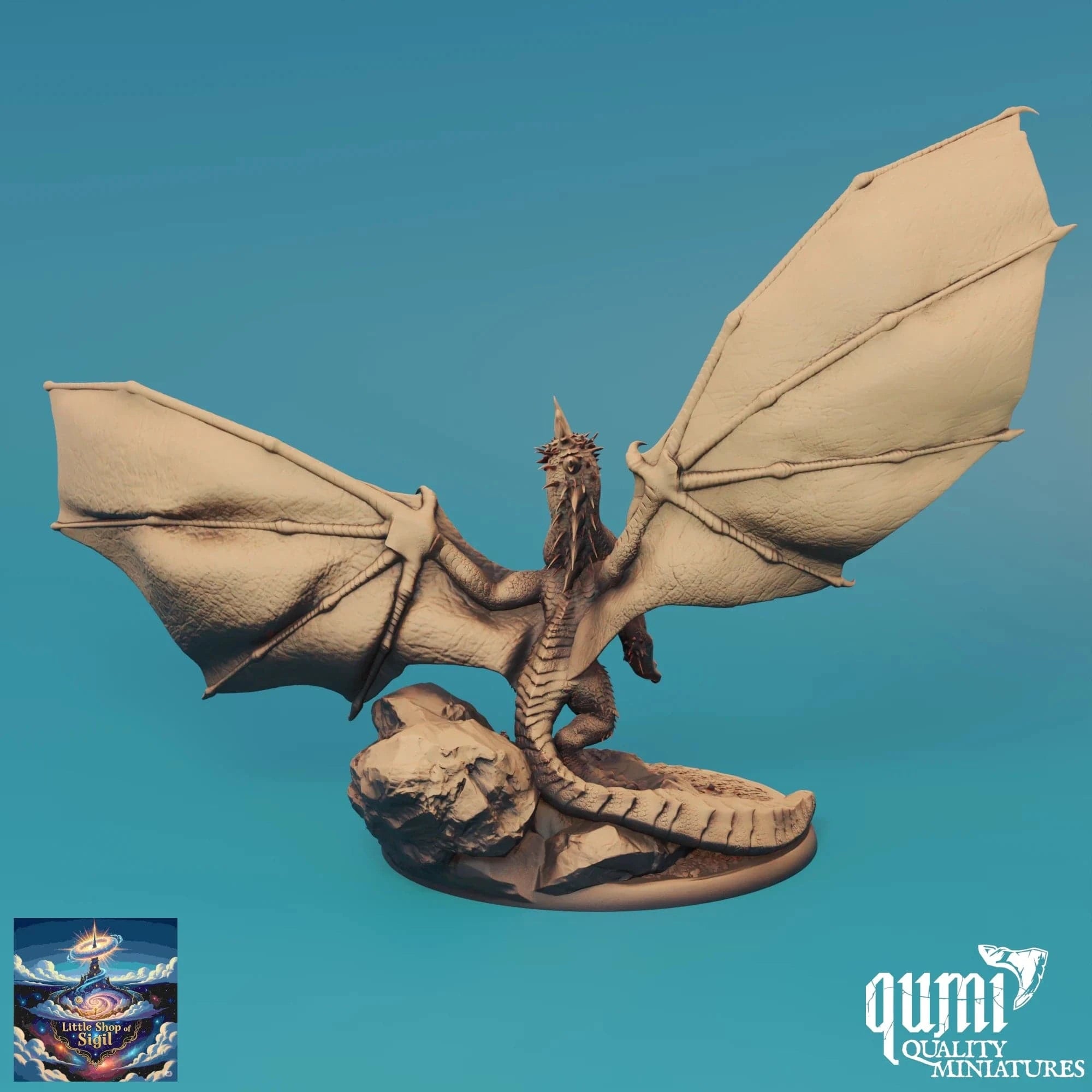 Dragon figurine with open wings on a blue background, featuring the Qumi Quality Miniatures logo.